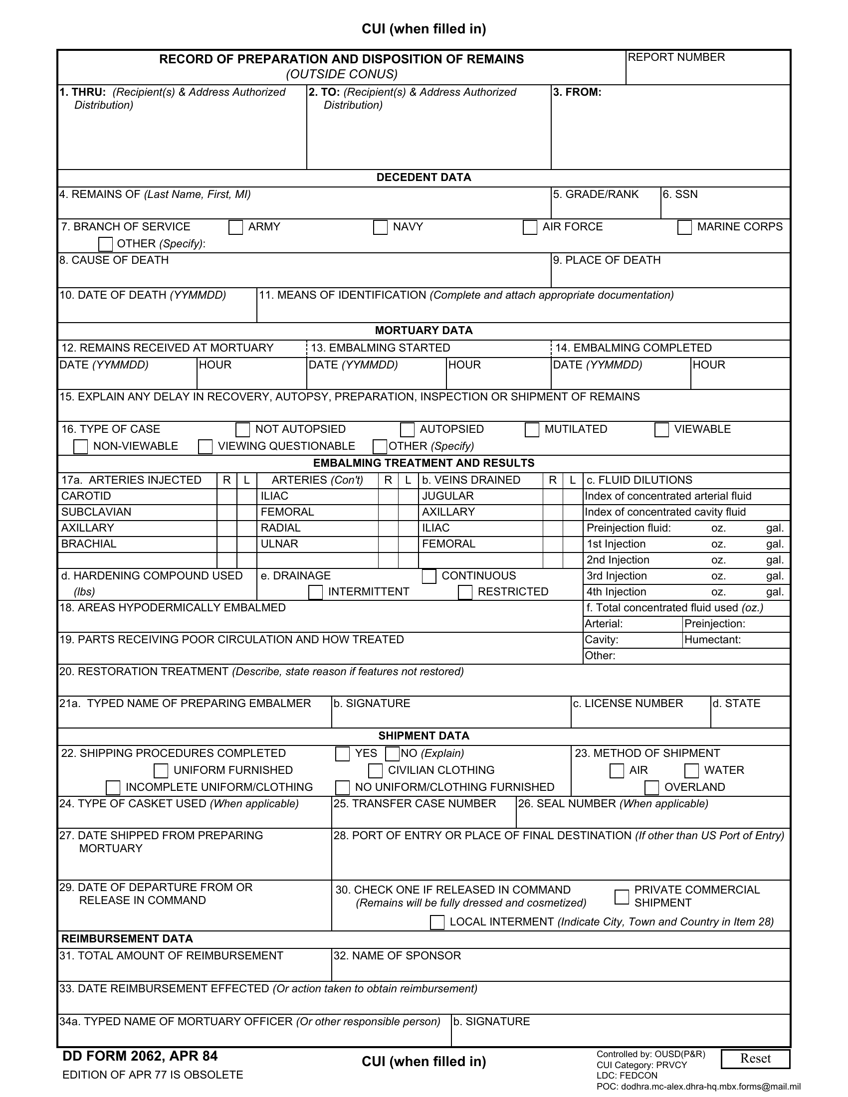 DD Form 2062 Record Of Preparation And Disposition Of Remains Outside