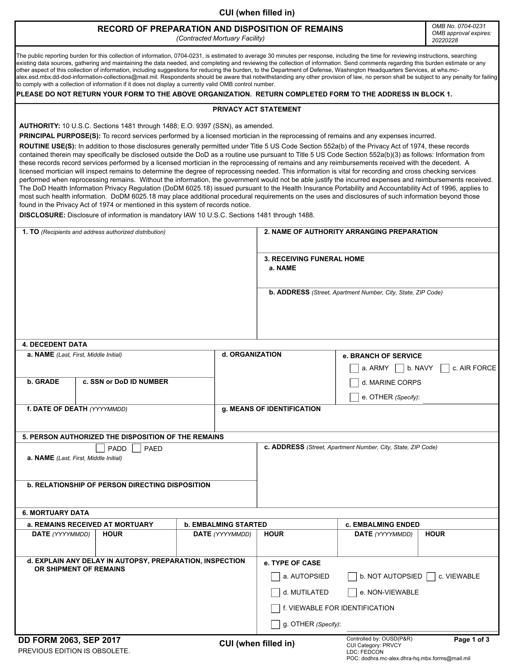 DD Form 2063. Record of Preparation and Disposition of Remains (Contracted Mortuary Facility) | Forms - Docs - 2023