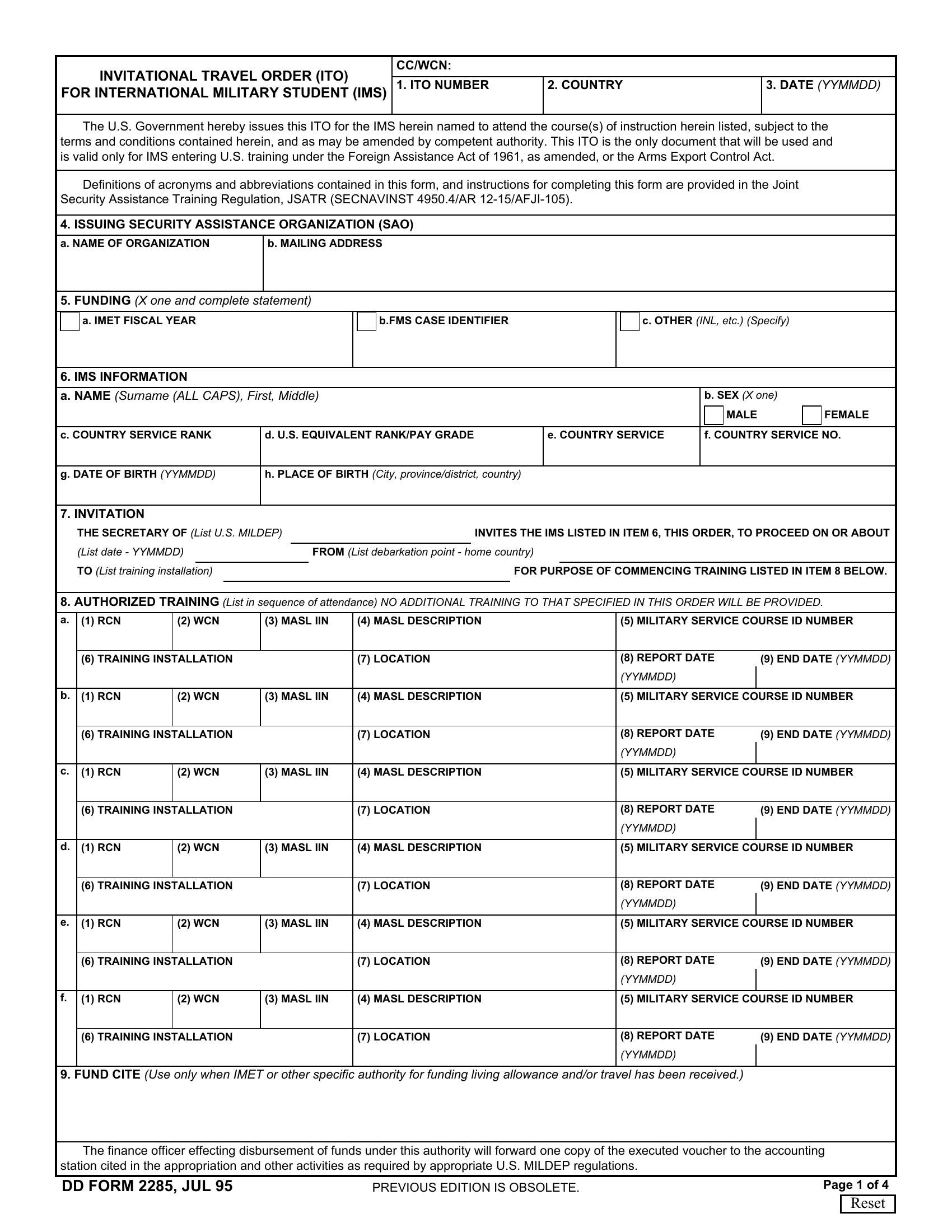DD Form 2285. Invitational Travel Order (ITO) for International Military Student (IMS) | Forms - Docs - 2023