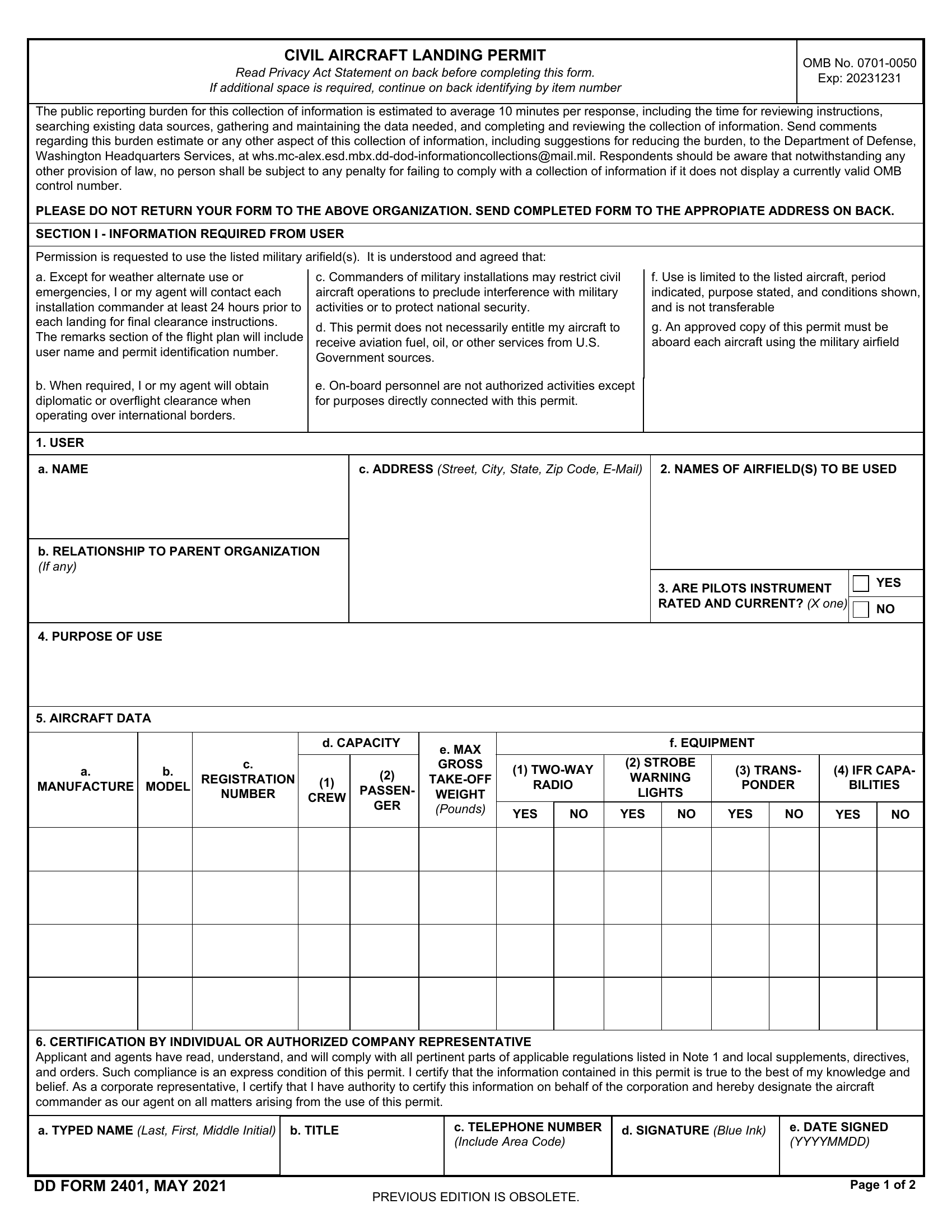 DD Form 2401 Civil Aircraft Landing Permit Forms Docs 2023