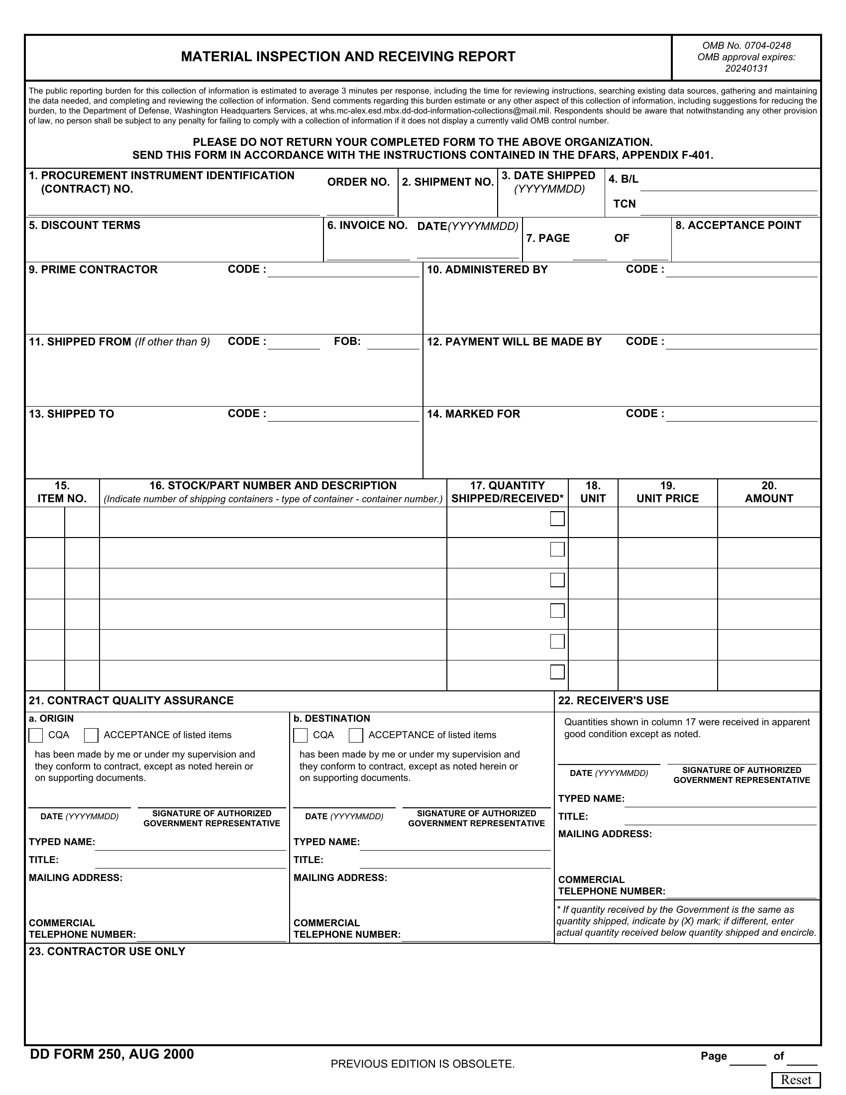DD Form 250 Material Inspection And Receiving Report Forms Docs 2023