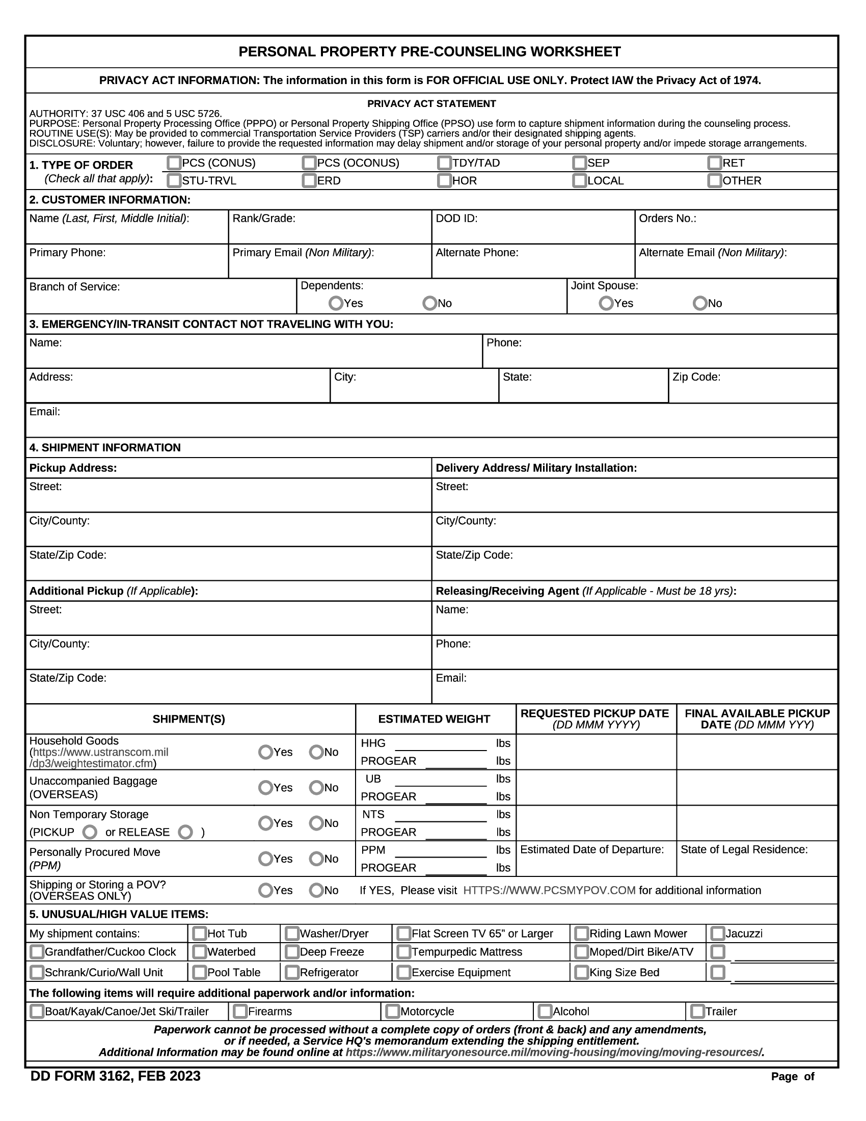 DD Form 3162 Personal Property Pre Counseling Worksheet Forms Docs