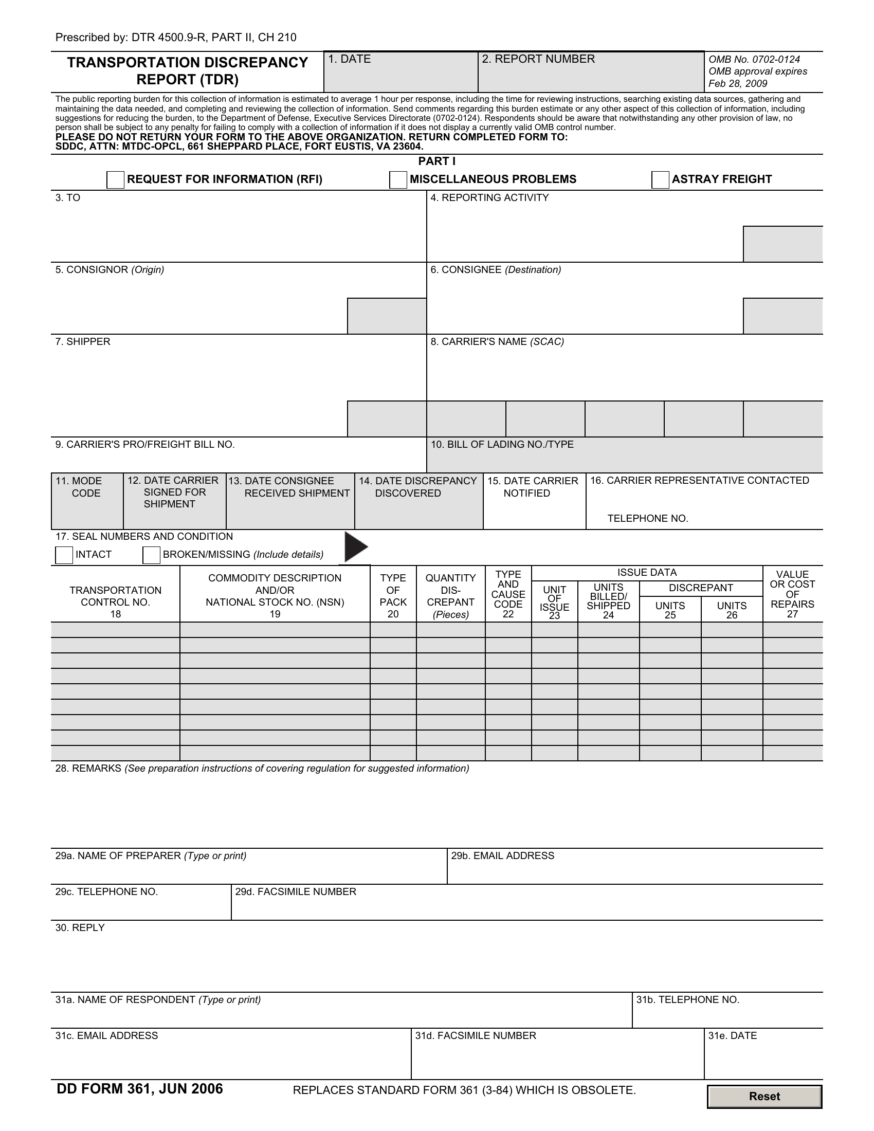 DD Form 361 Transportation Discrepancy Report TDR Forms Docs 2023