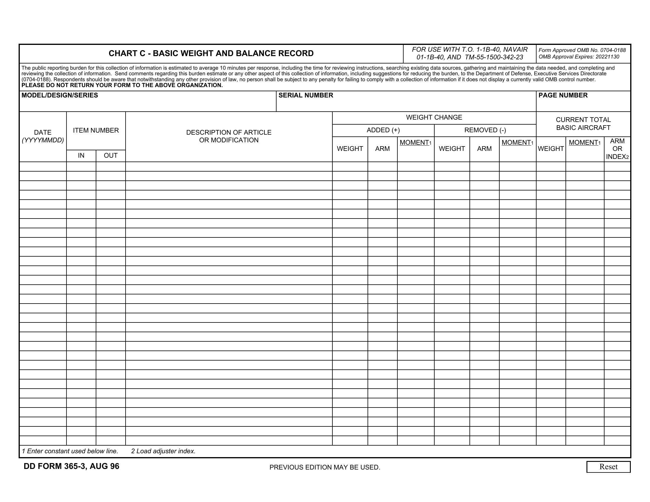 DD Form 365 3 Weight And Balance Record Chart C Basic Forms