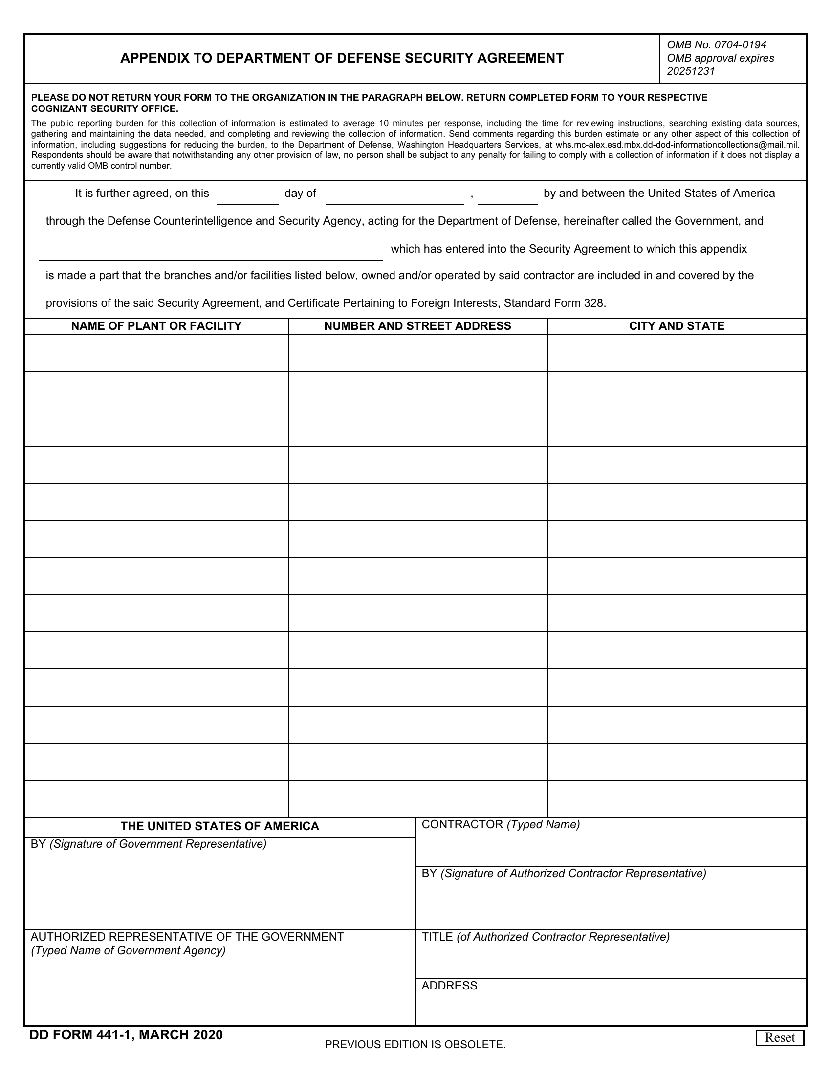 DD Form 441 1 Appendix To Department Of Defense Security Agreement