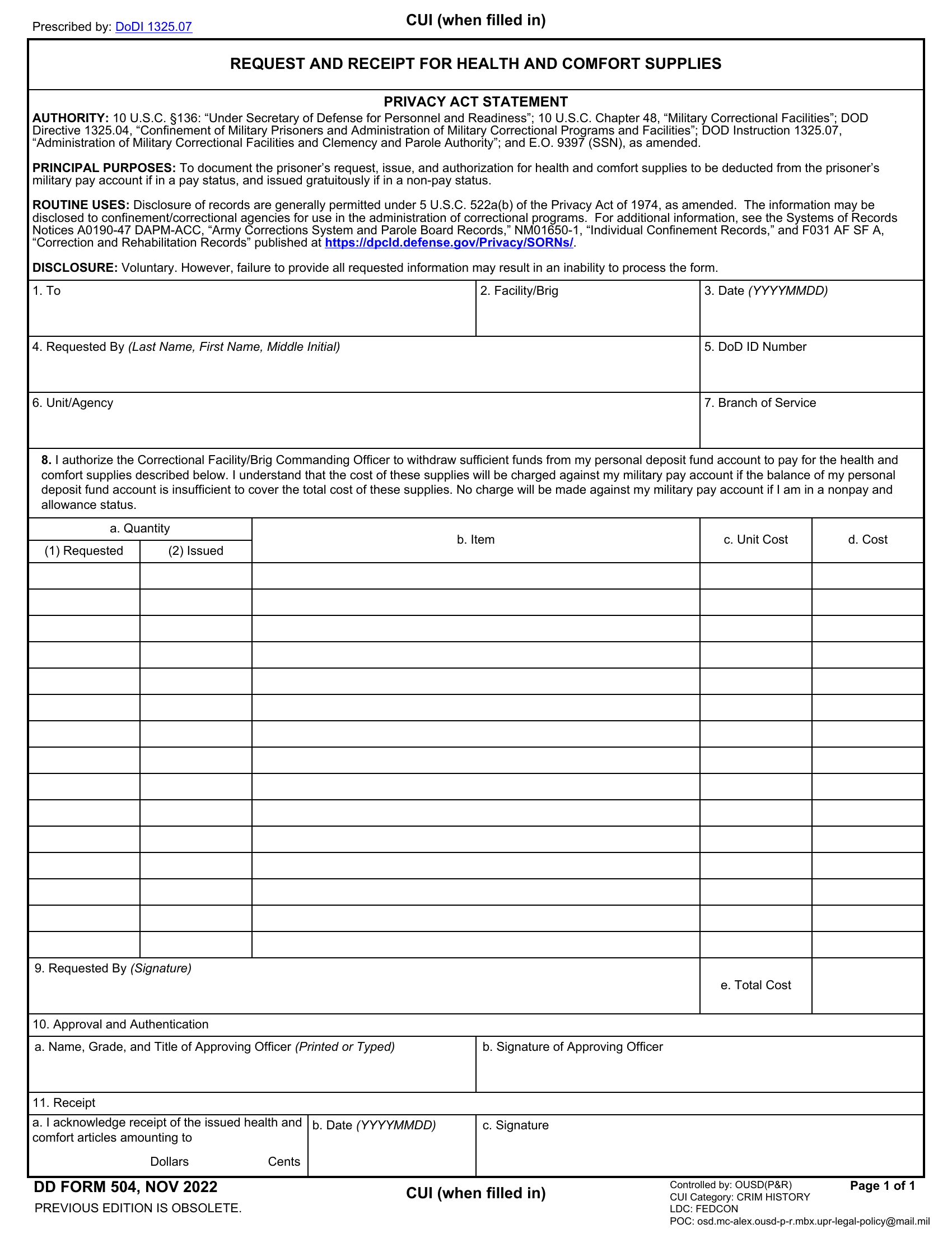 DD Form 504. Request and Receipt for Health and Comfort Supplies | Forms -  Docs - 2023