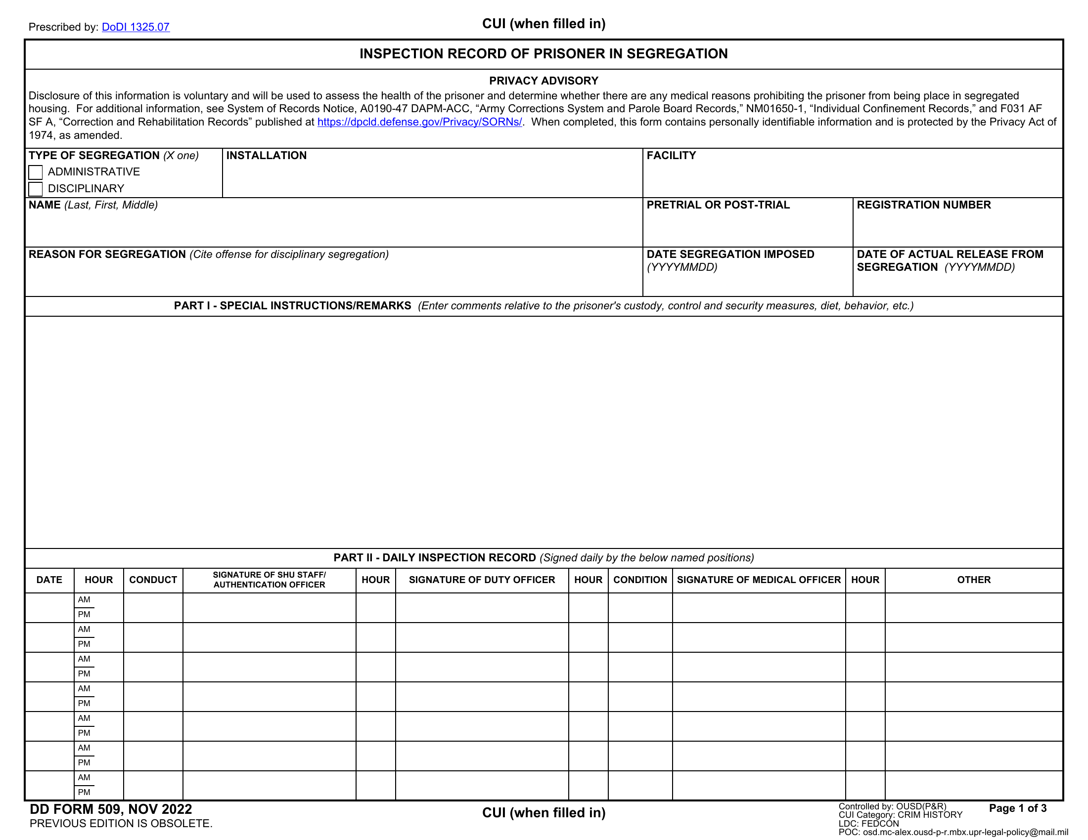 DD Form 509. Inspection Record of Prisoner in Segregation | Forms ...