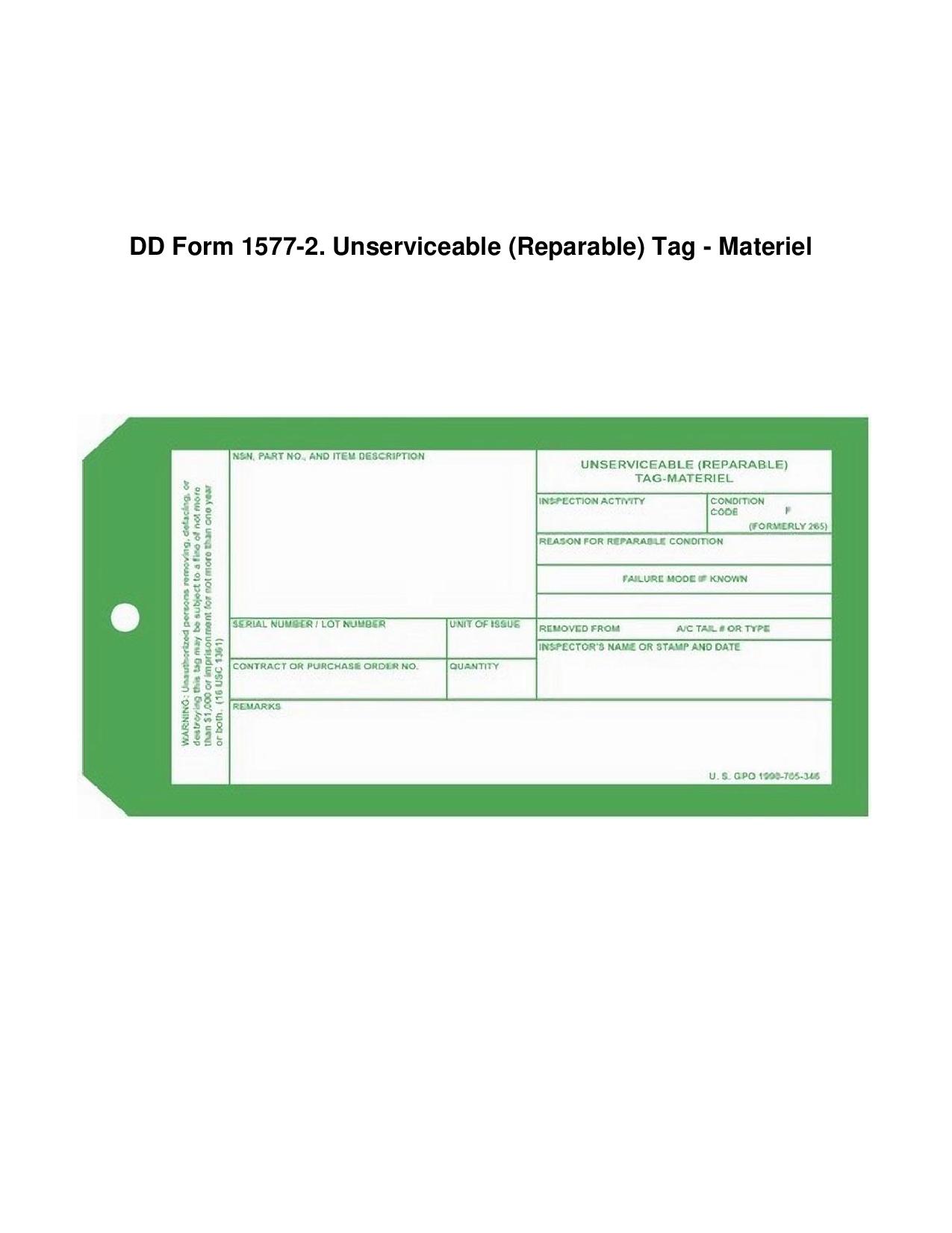 DD Form 1577-2. Unserviceable (Reparable) Tag - Materiel | Forms - Docs ...