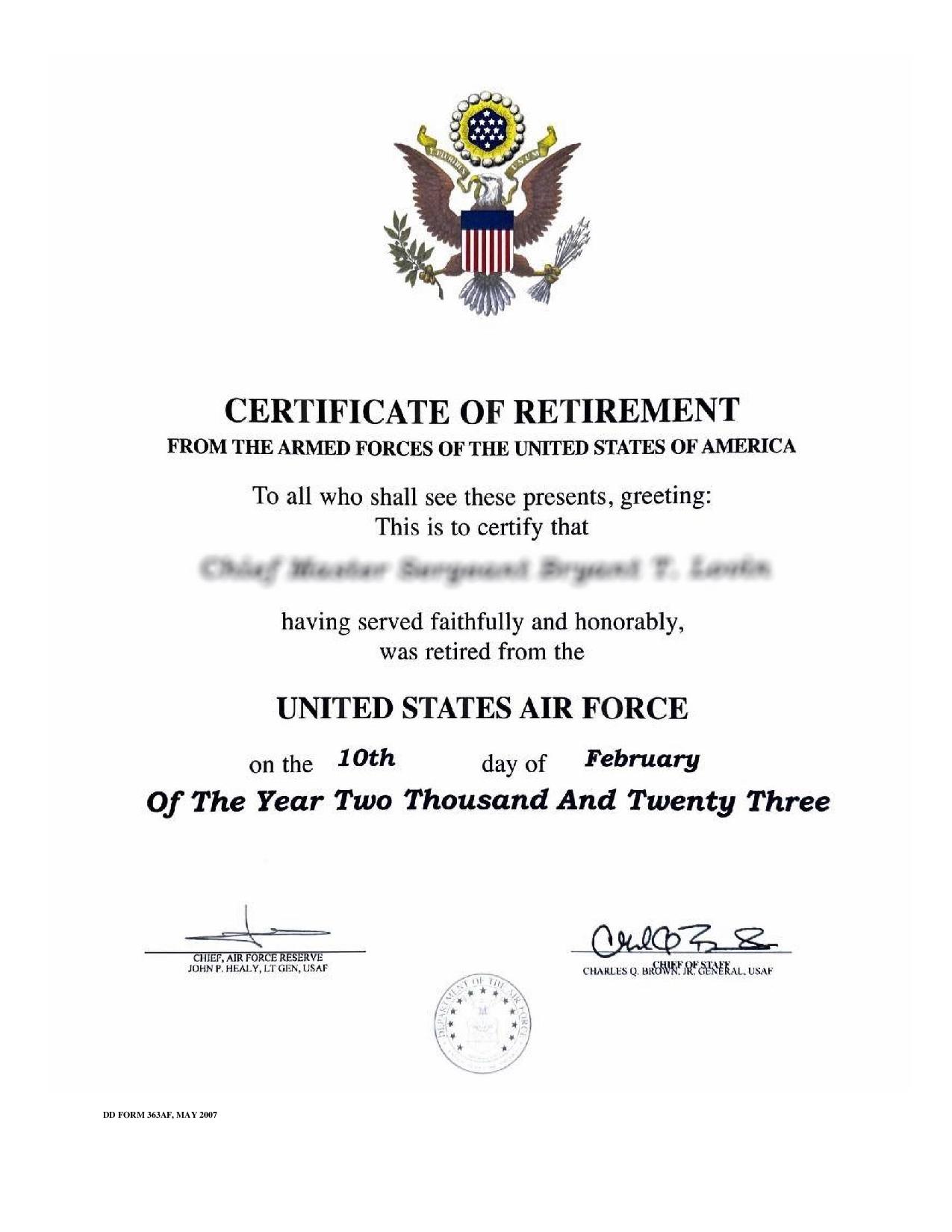 RETIREMENT CERTIFICATE US AIR FORCE BINDER, BLUE – Arocep