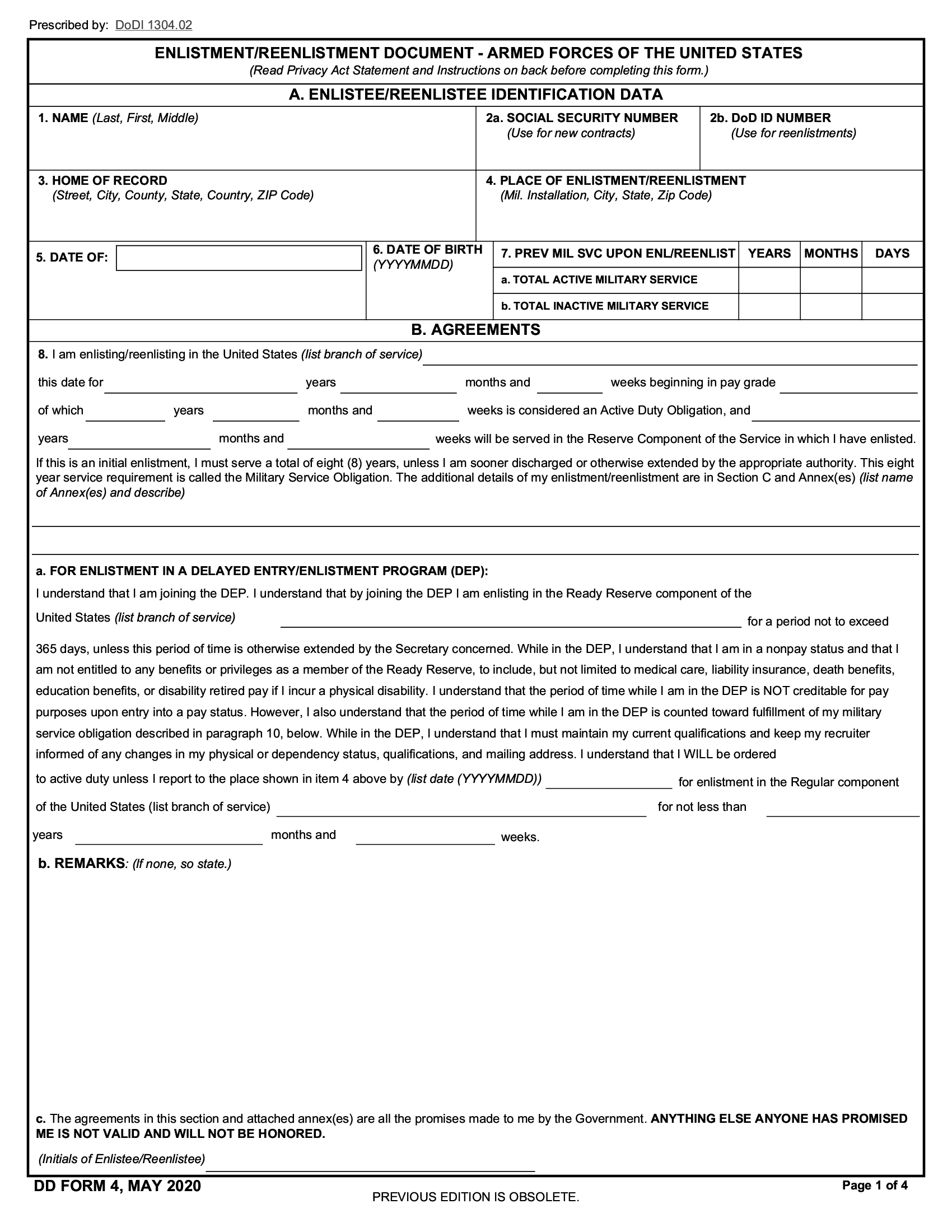 DD Form 4 Enlistment Reenlistment Document Armed Forces Of The United
