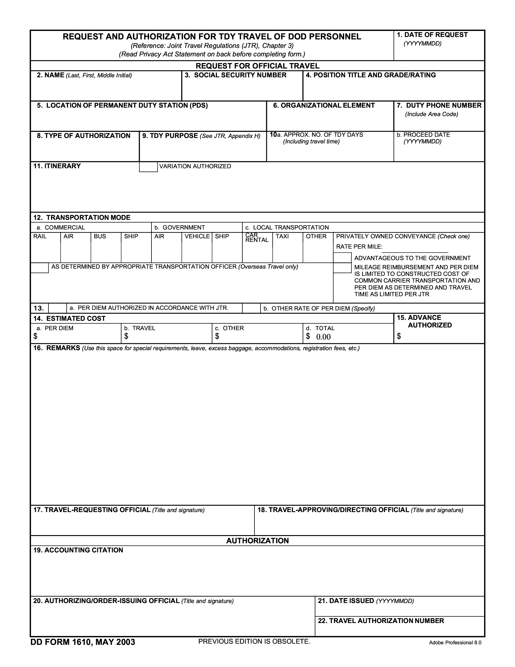 DD Form 1610 Request And Authorization For TDY Travel Of DoD Personnel 
