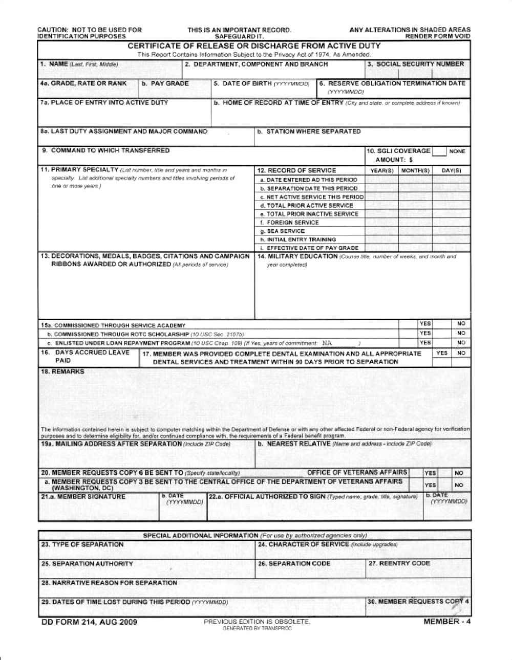 DD Form 214 Certificate Of Release Or Discharge From Active Duty