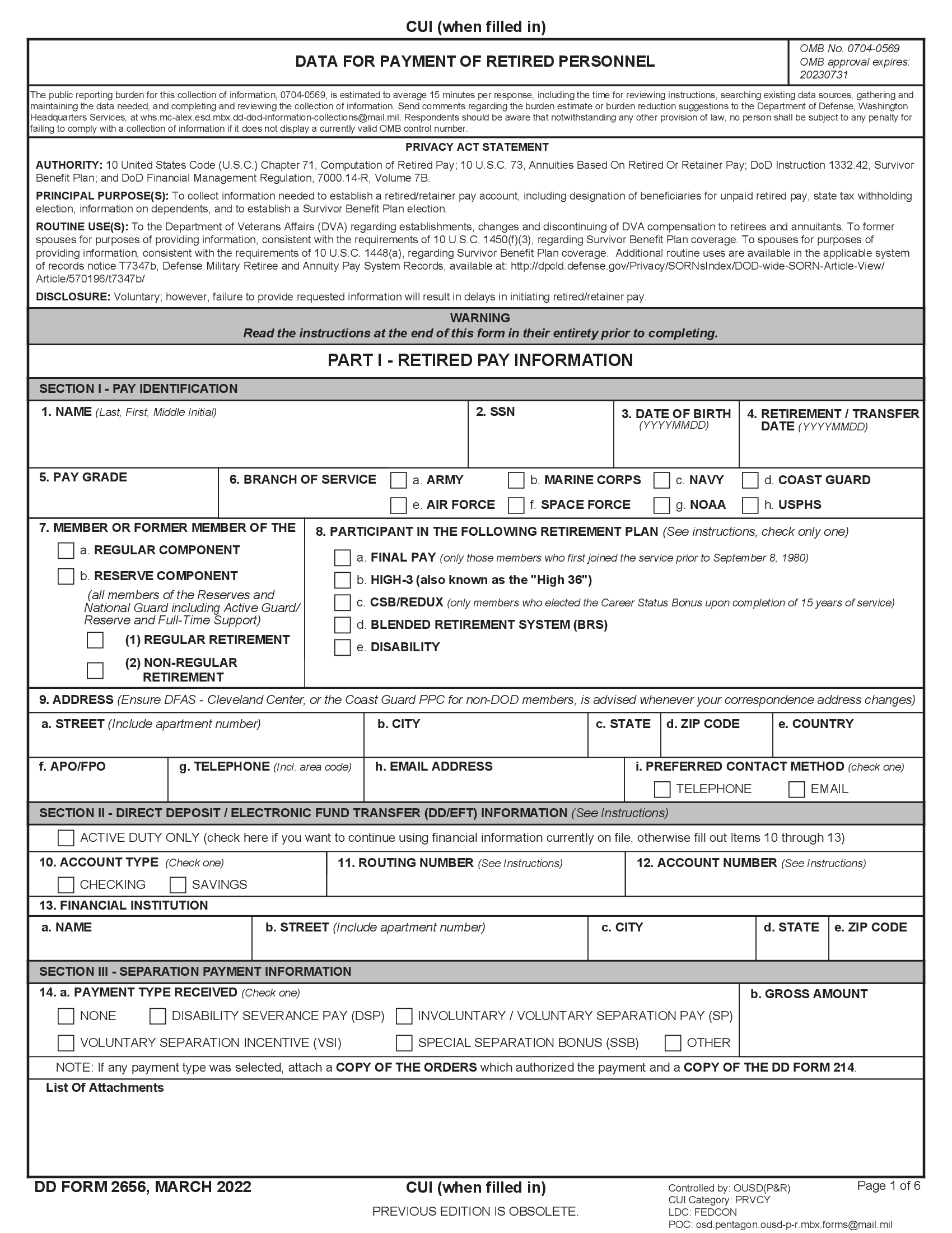 DD Form 2656. Data for Payment of Retired Personnel | Forms - Docs - 2023