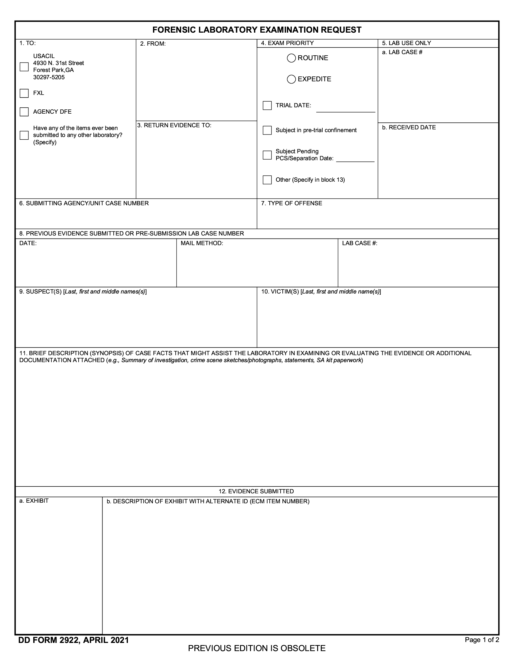 DD Form 2922 Forensic Laboratory Examination Request Forms Docs 2023