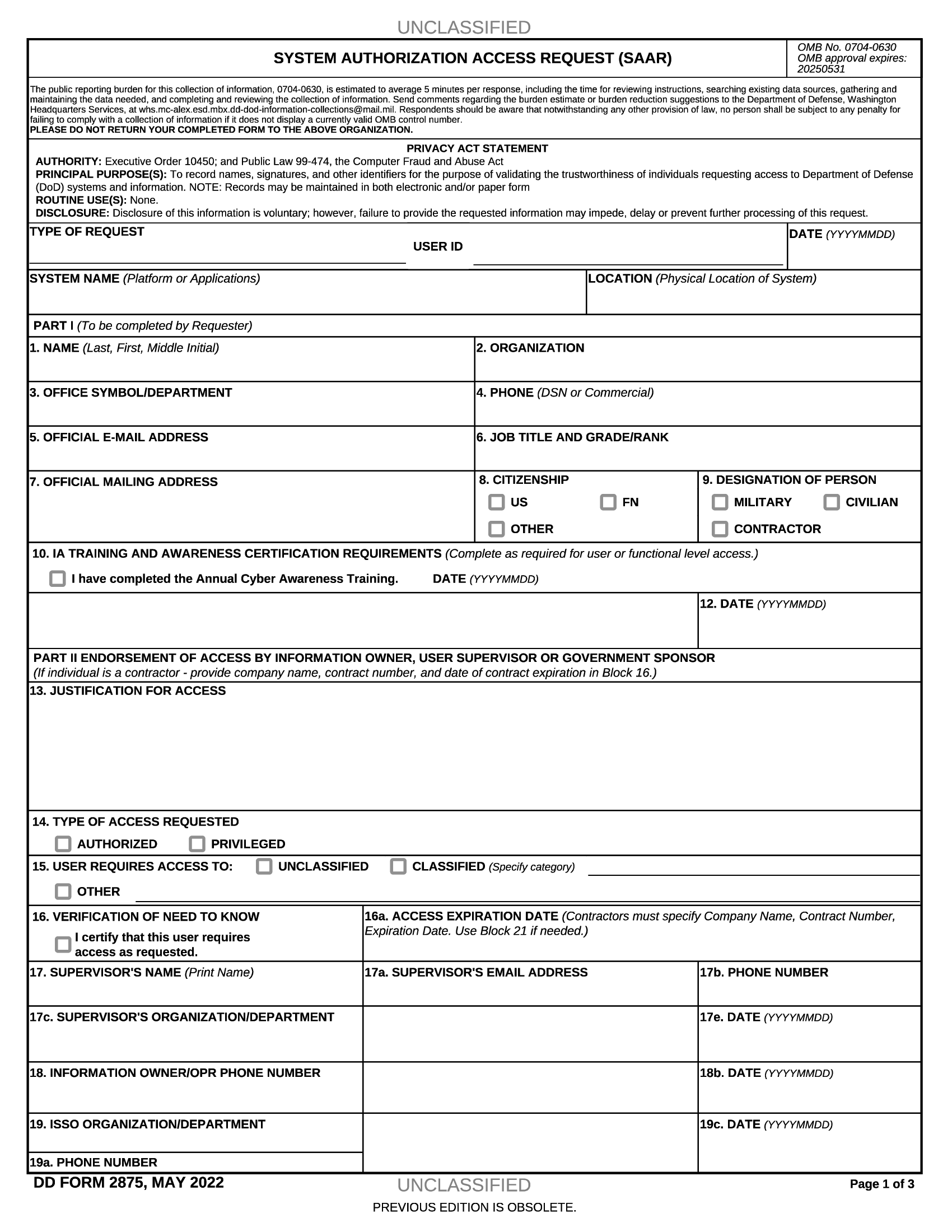 DD Form 2875. System Authorization Access Request (SAAR) | Forms - Docs ...
