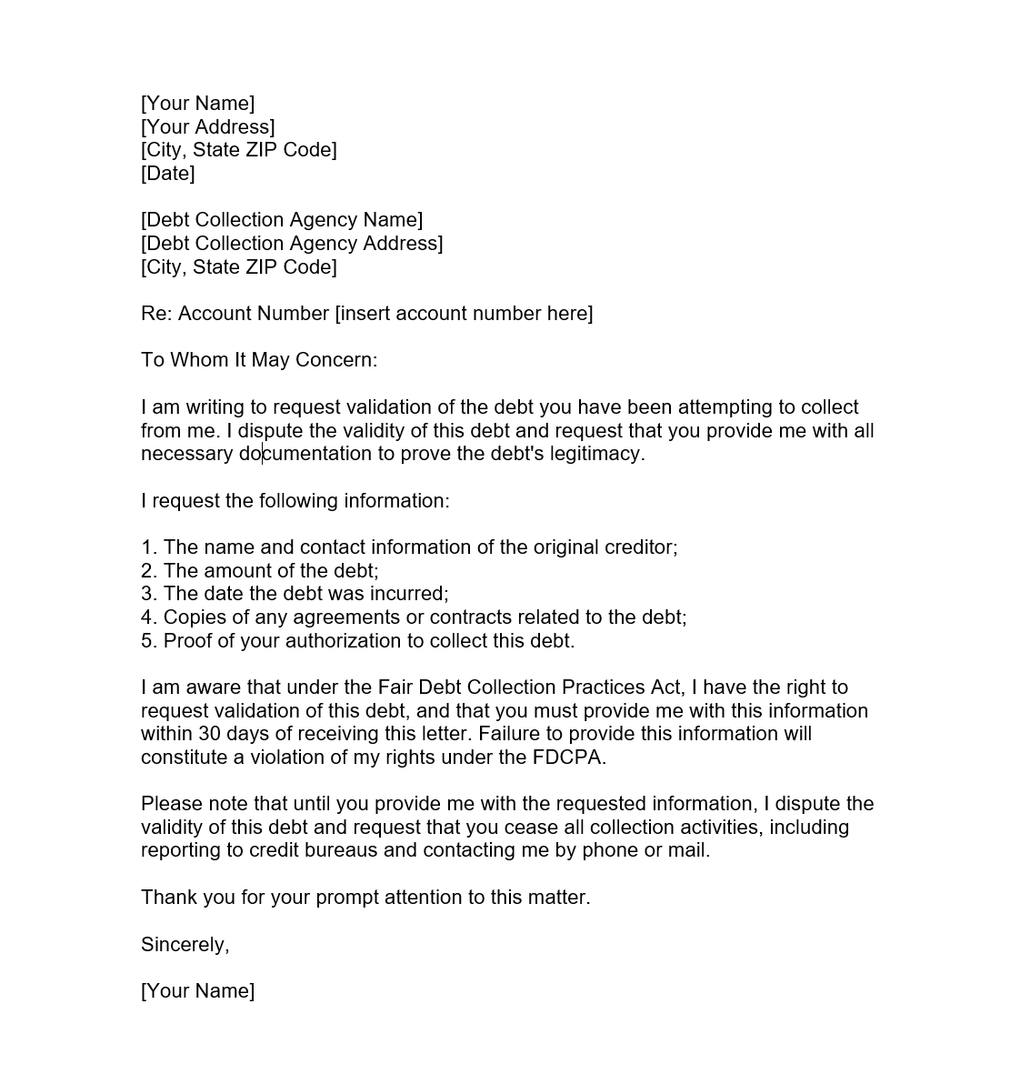 Debt Validation Letter Document Template Debt Validation Letter Document Template
