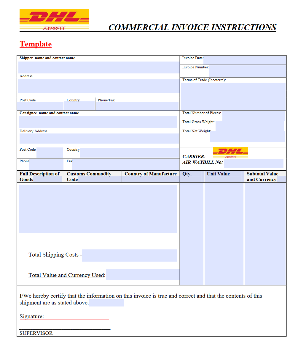 DHL commercial invoice printable template