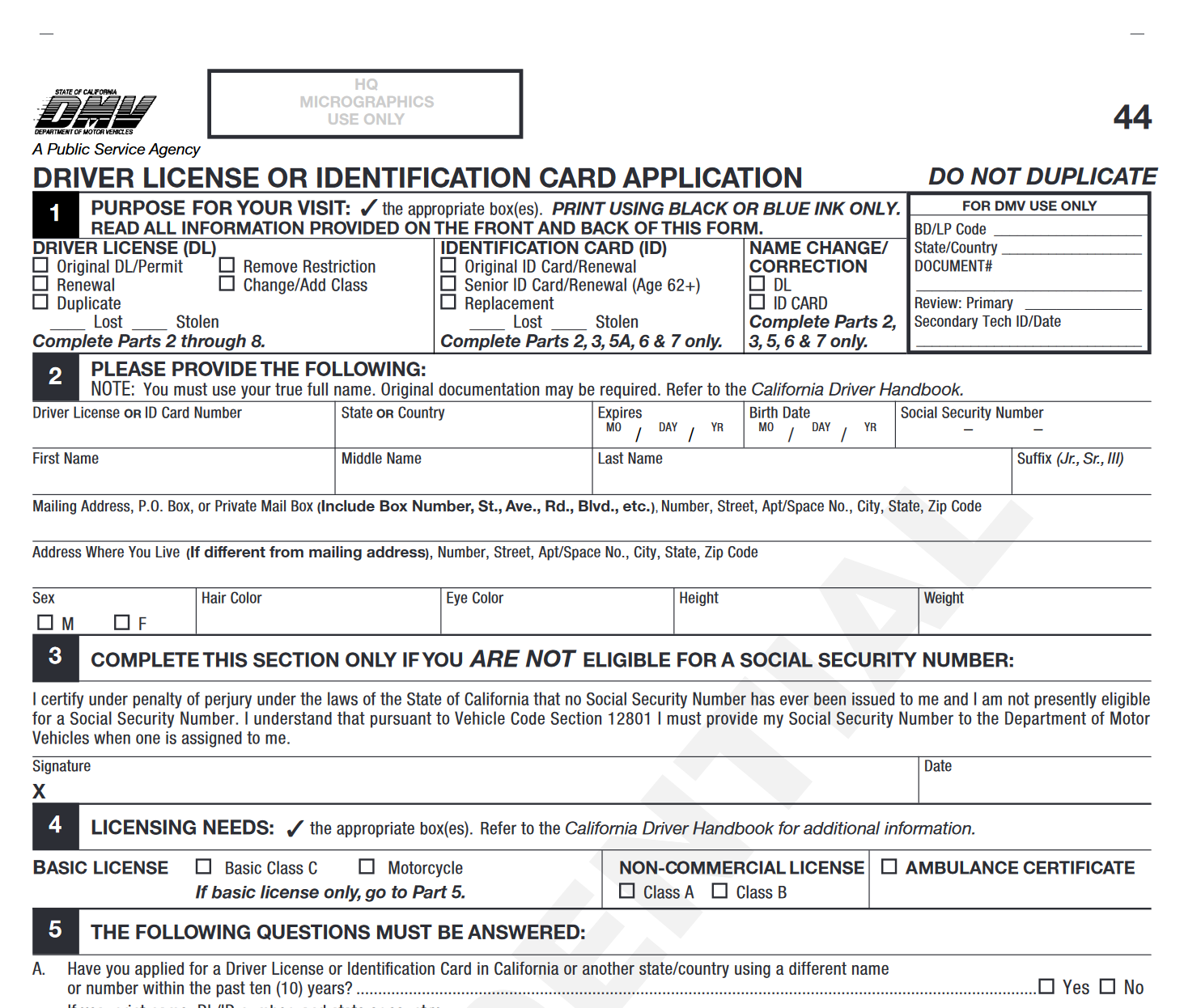 Form DL 44 Application For A Driver License Or Identification Card 