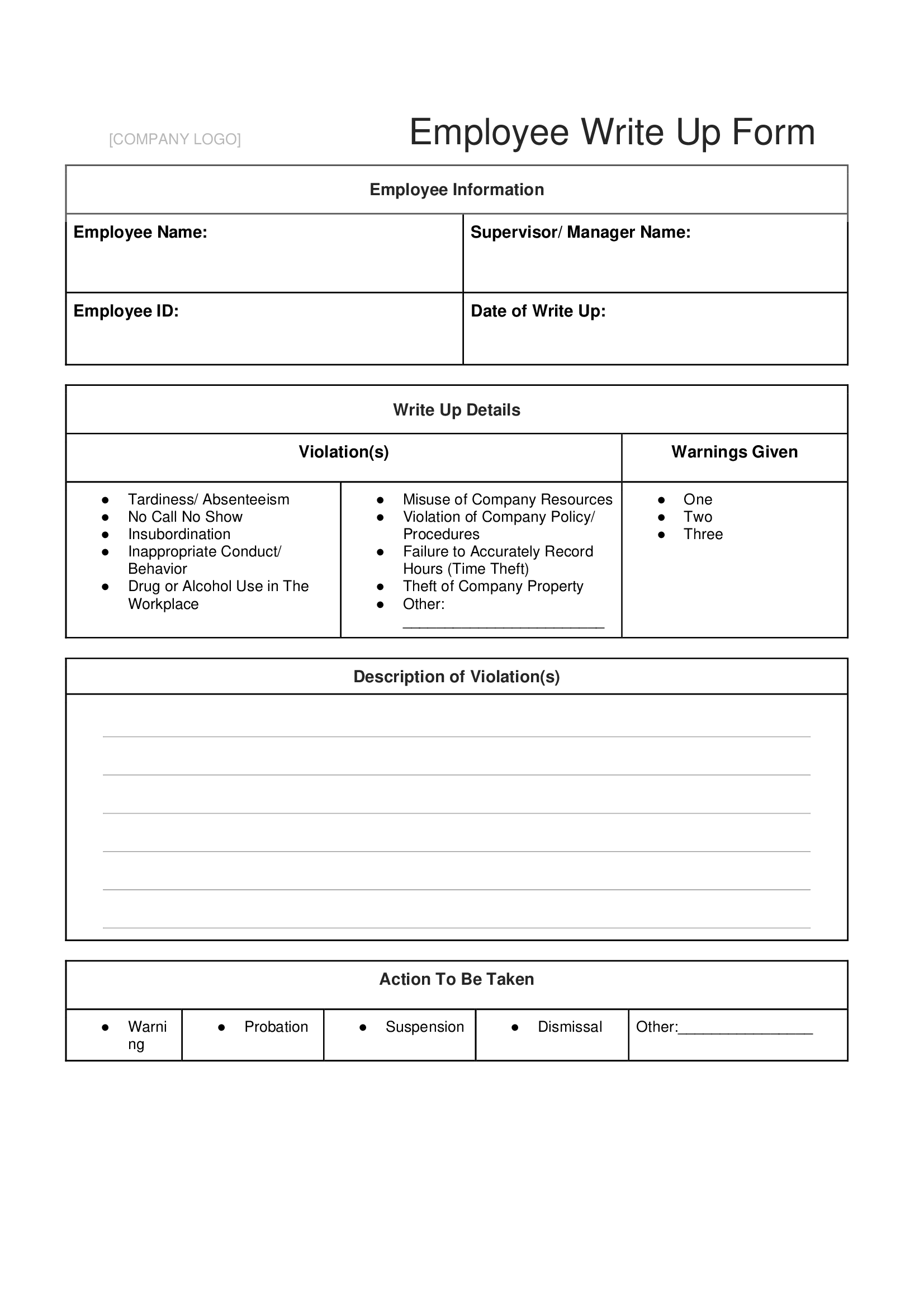 Employee Write up Form Forms Docs 2023