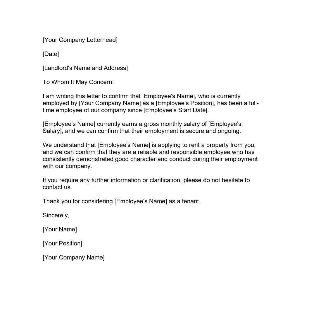 Employer Reference Letter Rental 