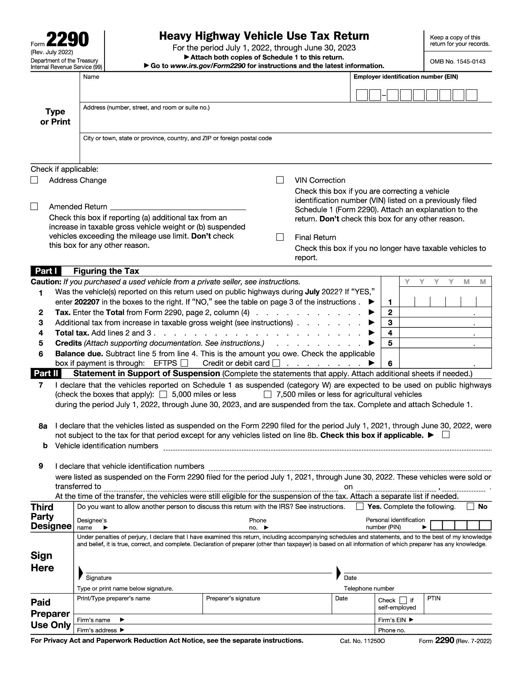 IRS Form 2290 Heavy Highway Vehicle Use Tax Return Forms Docs 2023