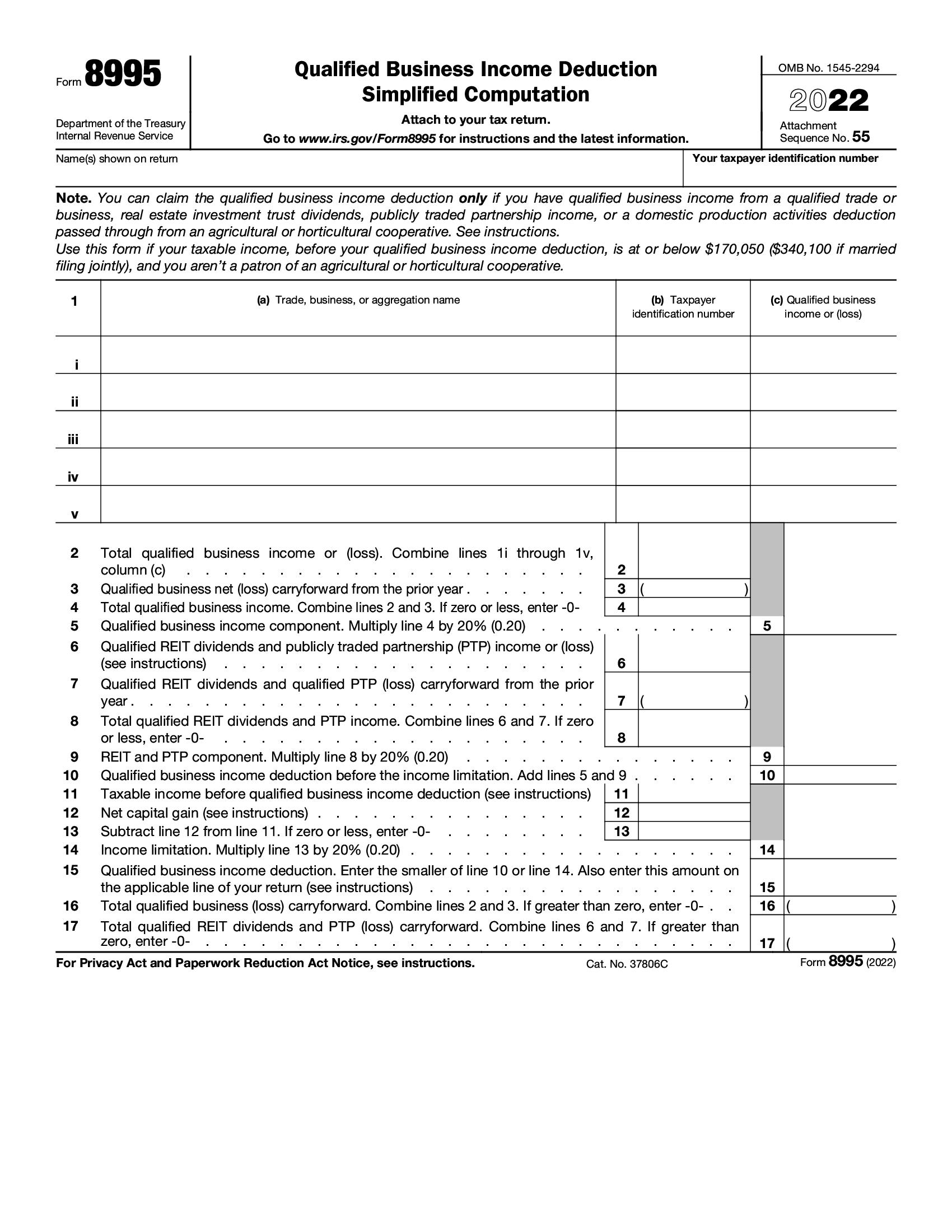 IRS Form 8995 Qualified Business Income Deduction Simplified 