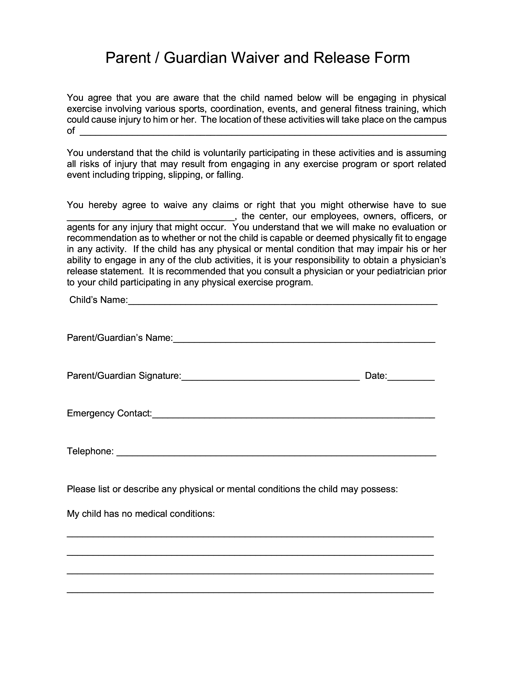 Fitness Waiver Form for Minors