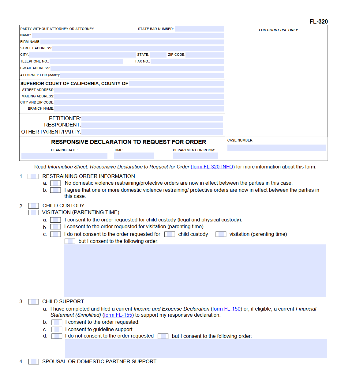 FL 320 Responsive Declaration To Request For Order Forms Docs 2023