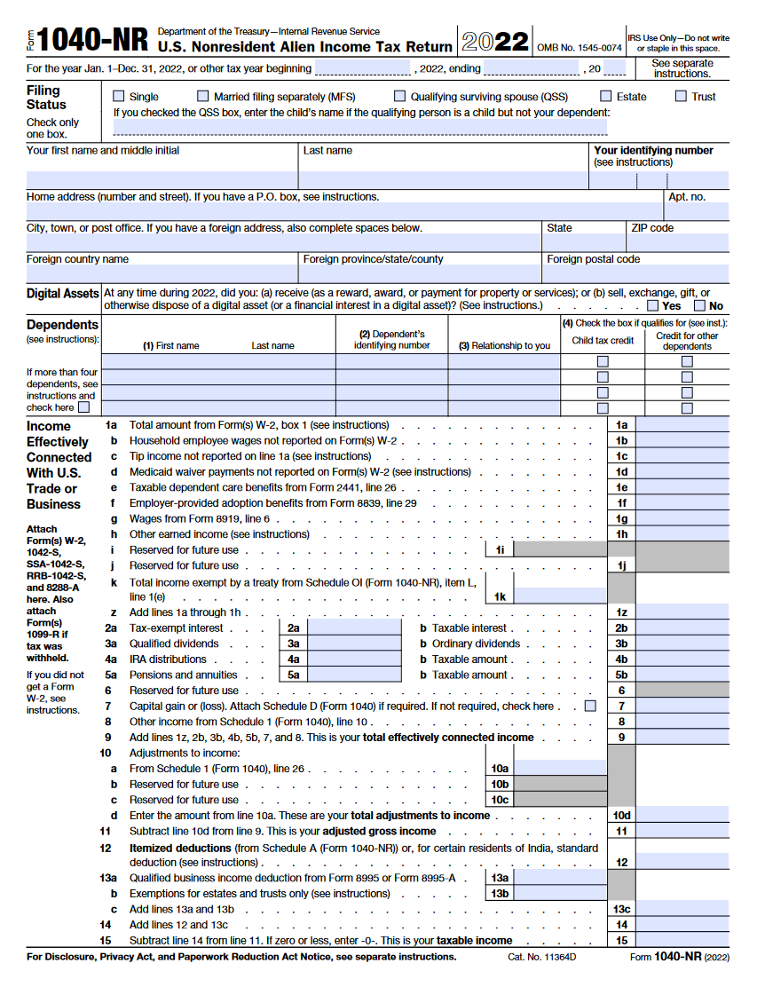 IRS Form 1040 NR Fill Out Printable PDF Forms Online 48 OFF
