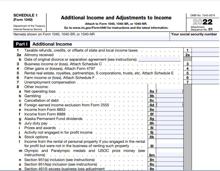 IRS Form 1040 Schedule 1. Additional and Adjustments to