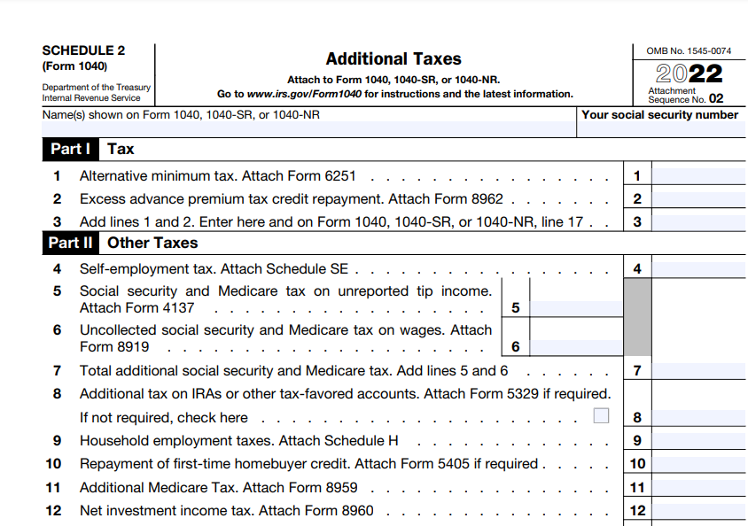 IRS Form 1040 Schedule 2. Additional Taxes Forms Docs 2023