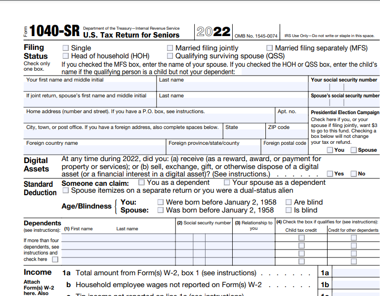 IRS Form 1040 SR. Tax Return for Seniors Forms Docs 2023