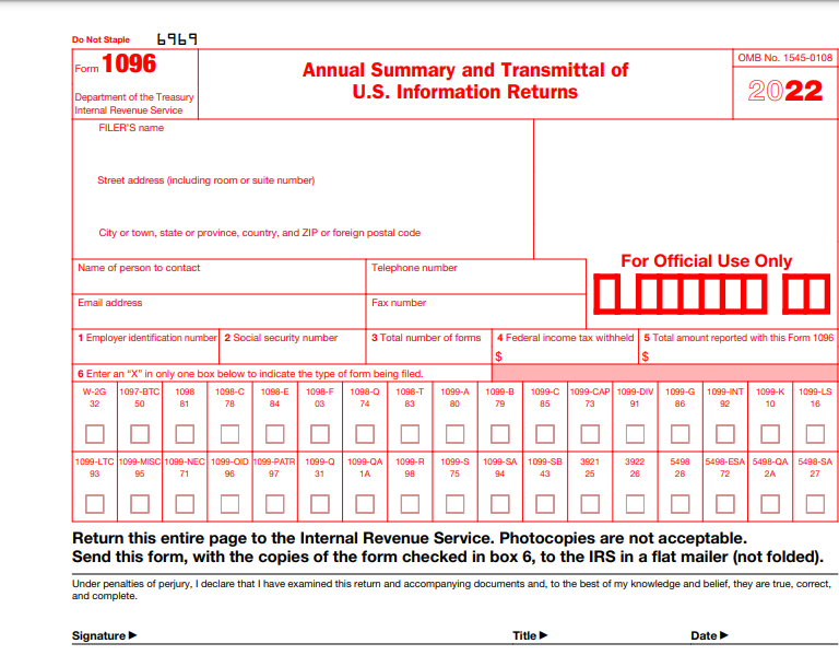 IRS Form 1096. Annual Summary and Transmittal of U.S. Information