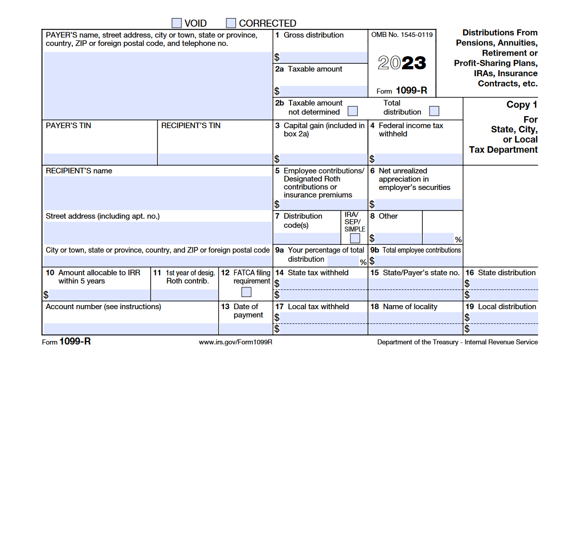 2023 IRS Tax Form 1099-R Single Sheet Set For 2 Recipients Non-Carbonless 6-Part