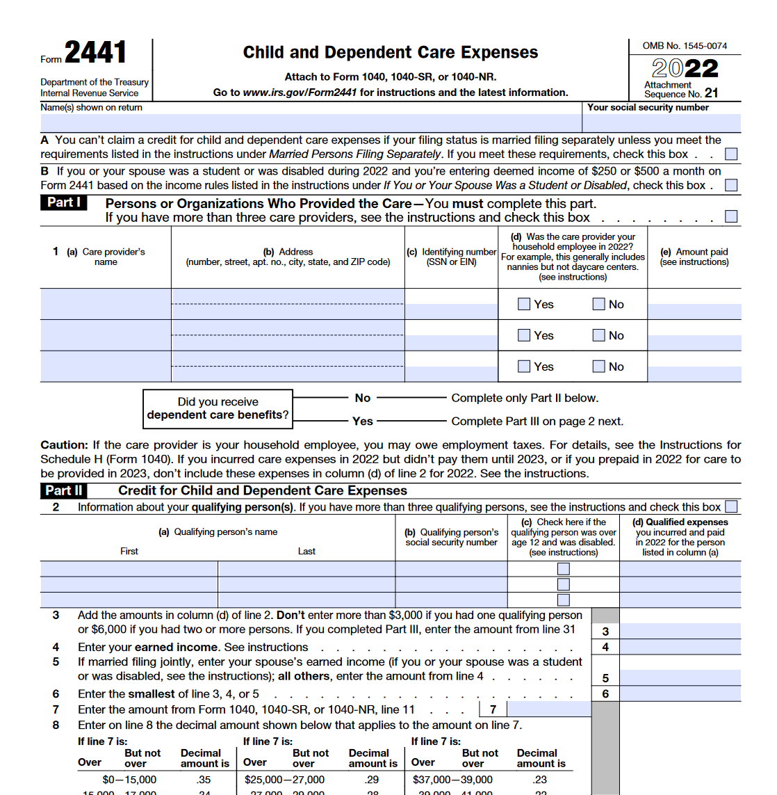IRS Form 2441 Child And Dependent Care Expenses Forms Docs 2023