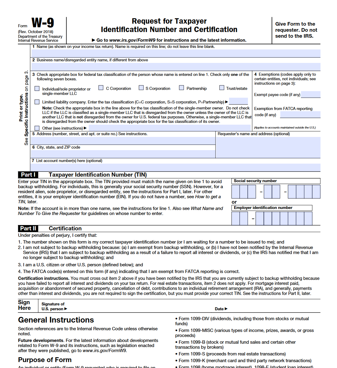 IRS Form W9. Request for Taxpayer Identification Number and