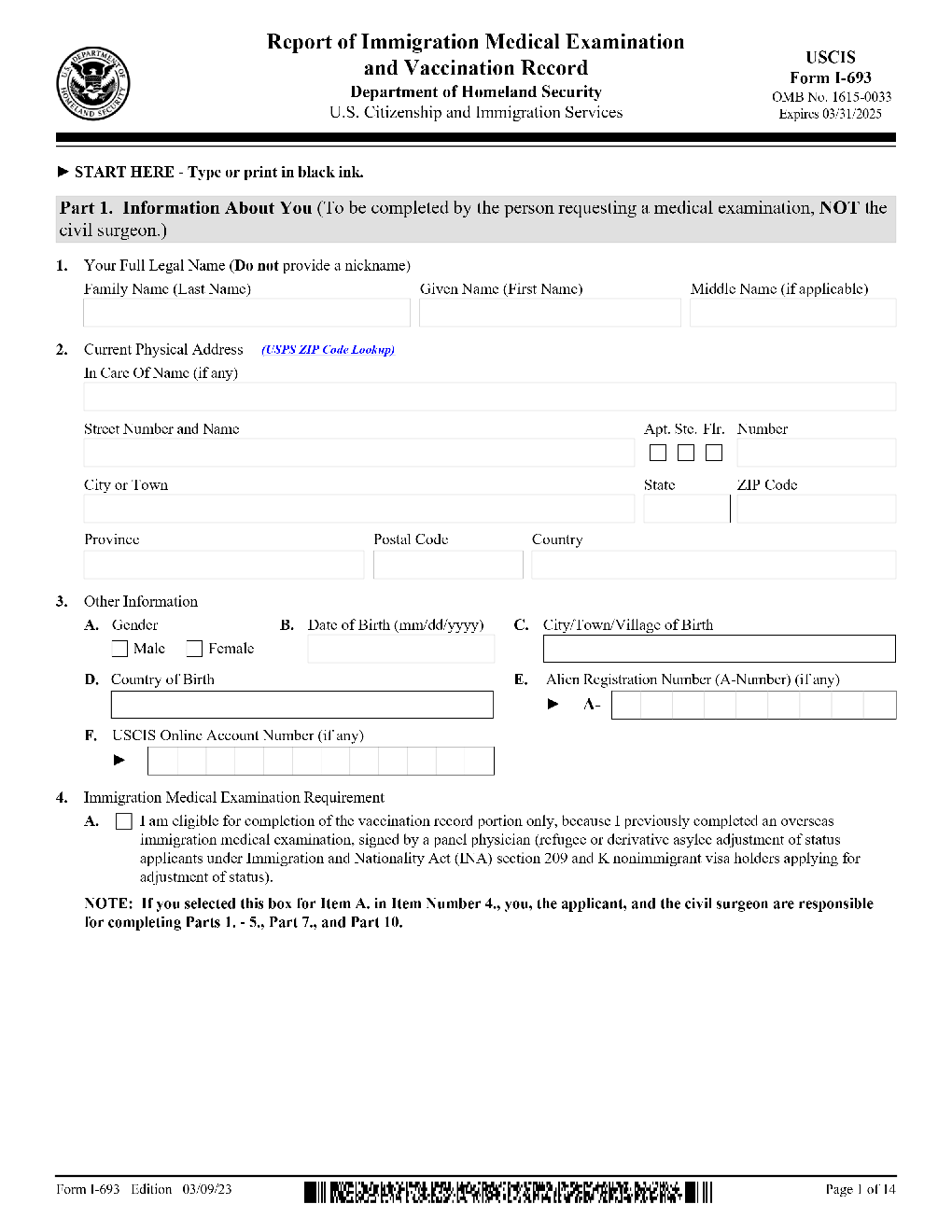 Form I693. Report of Immigration Medical Examination and Vaccination
