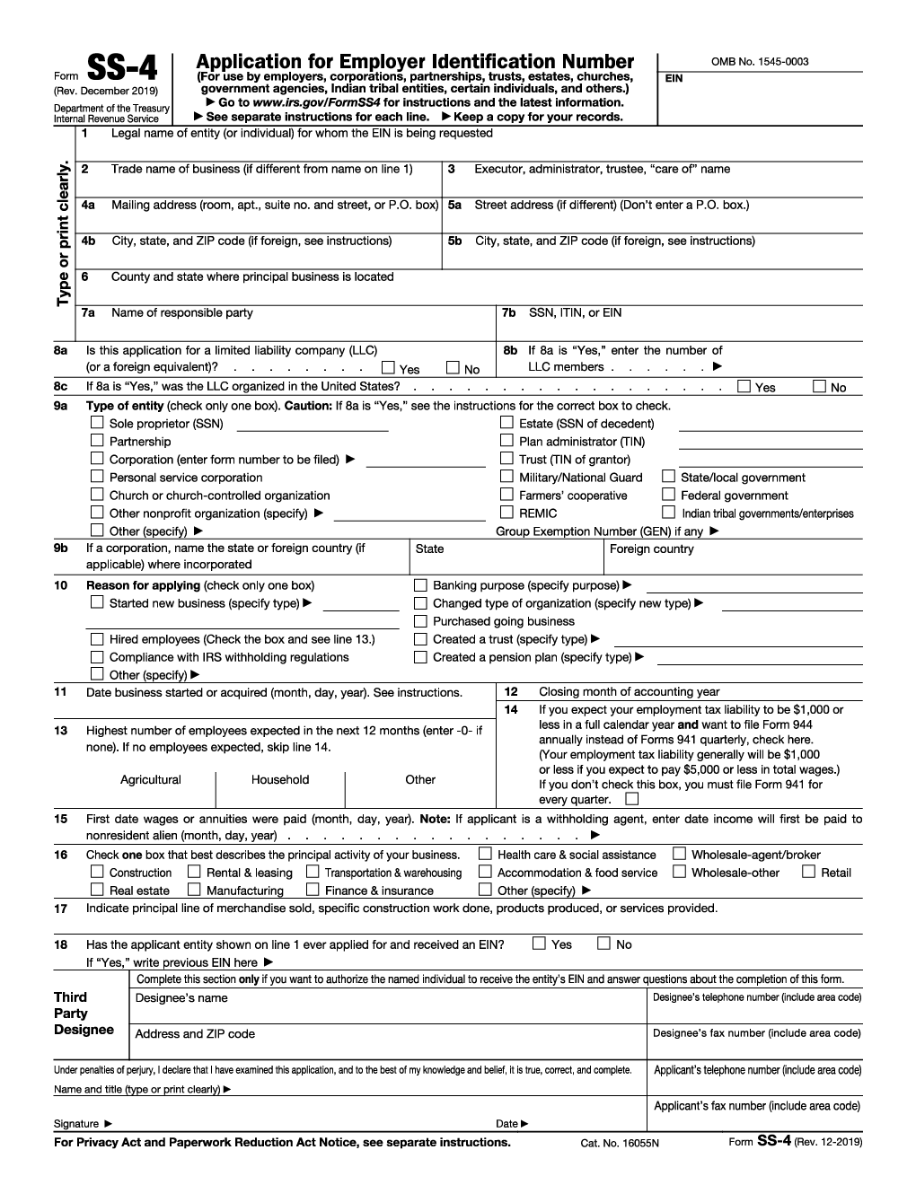 IRS Form SS4. Application for Employer Identification Number (EIN