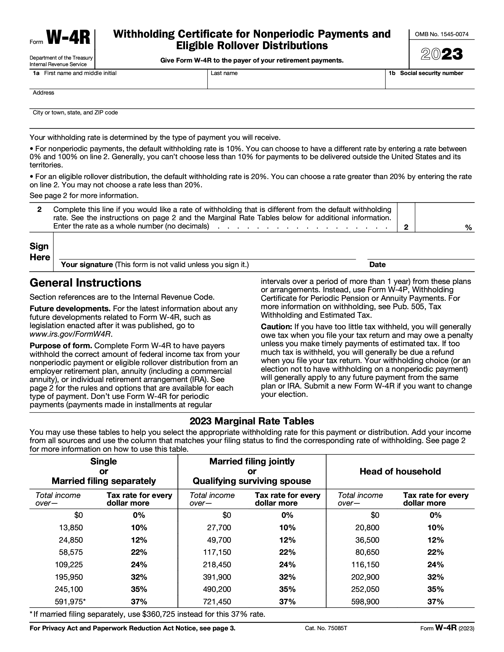 IRS Form W4R. Withholding Certificate for Nonperiodic Payments and