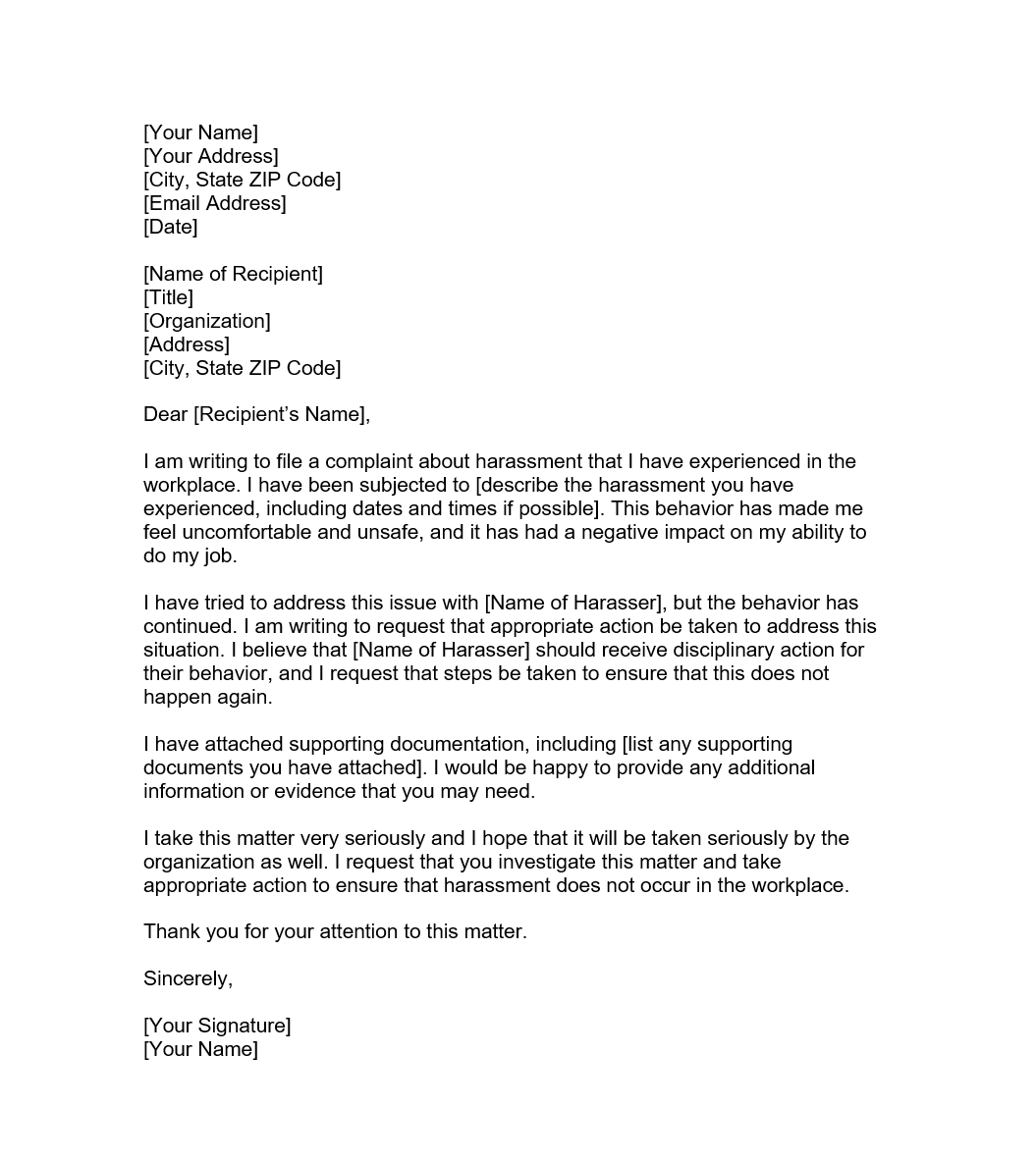 Sample Workplace Harassment Complaint Letter