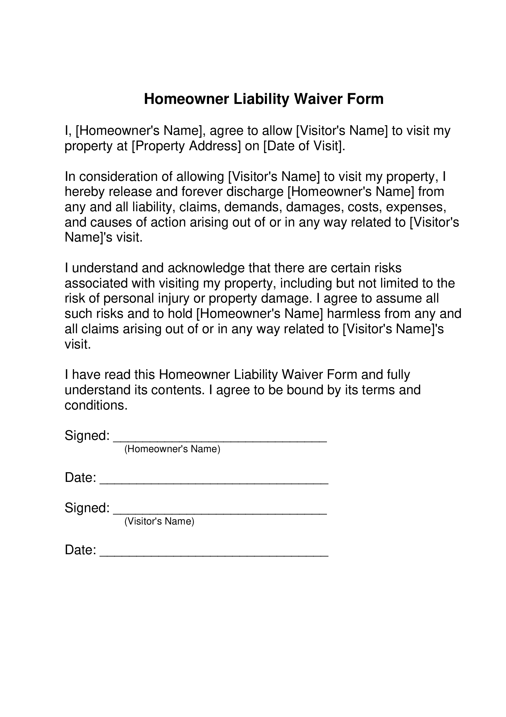 Homeowner Liability Waiver Form Forms Docs 2023