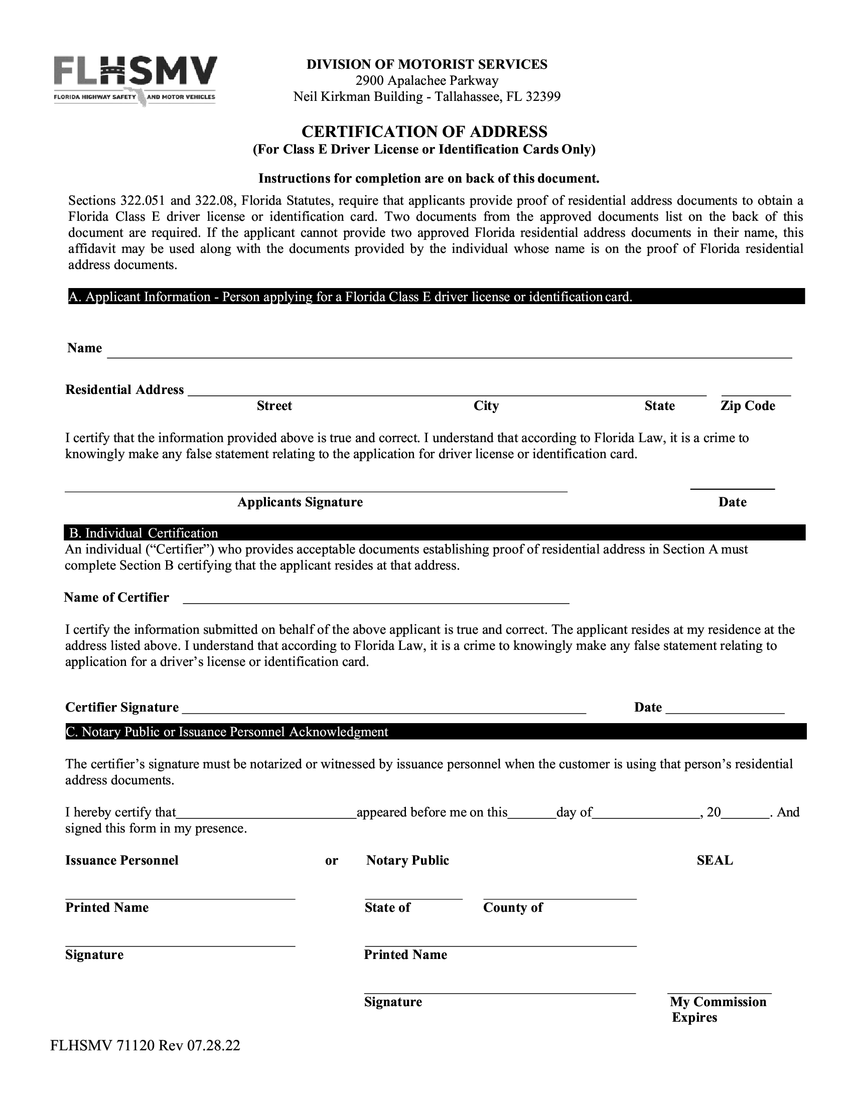 Form HSMV 71120 Certification of Address Forms Docs 2023