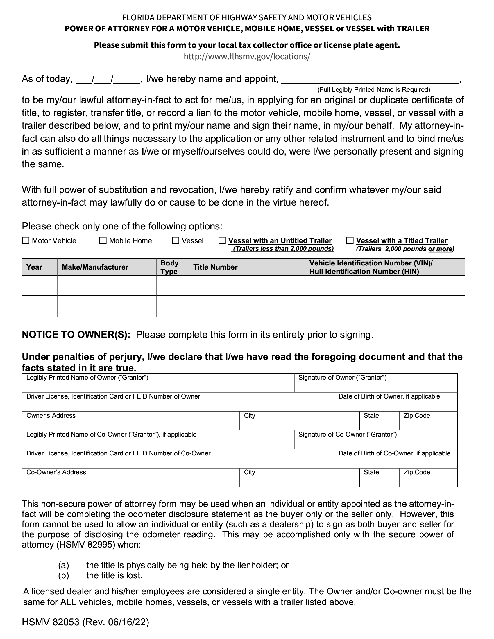 Form HSMV 82053 Power Of Attorney For A Motor Vehicle Mobile Home Vessel Or Vessel With