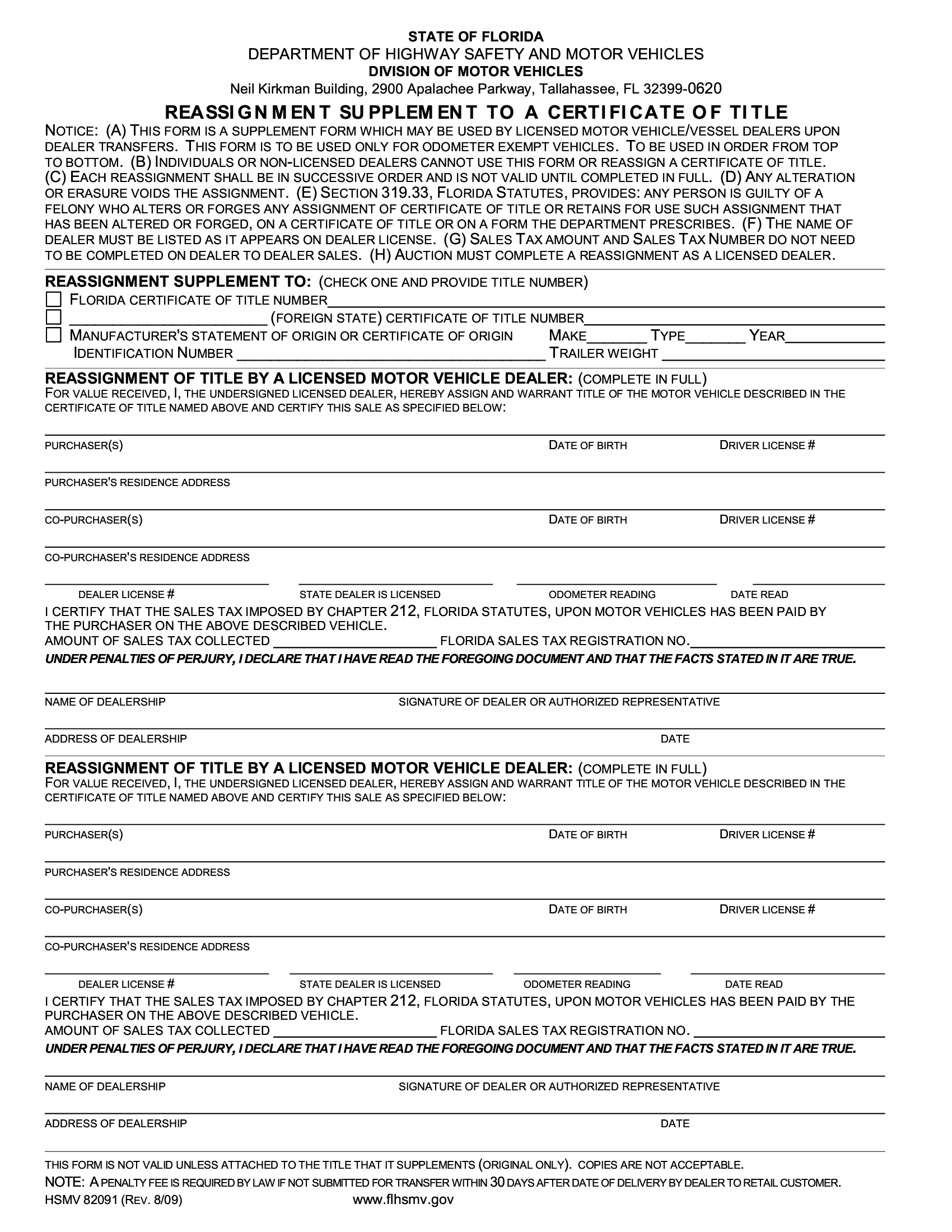 form-hsmv-82091-reassignment-supplement-to-a-certificate-of-title