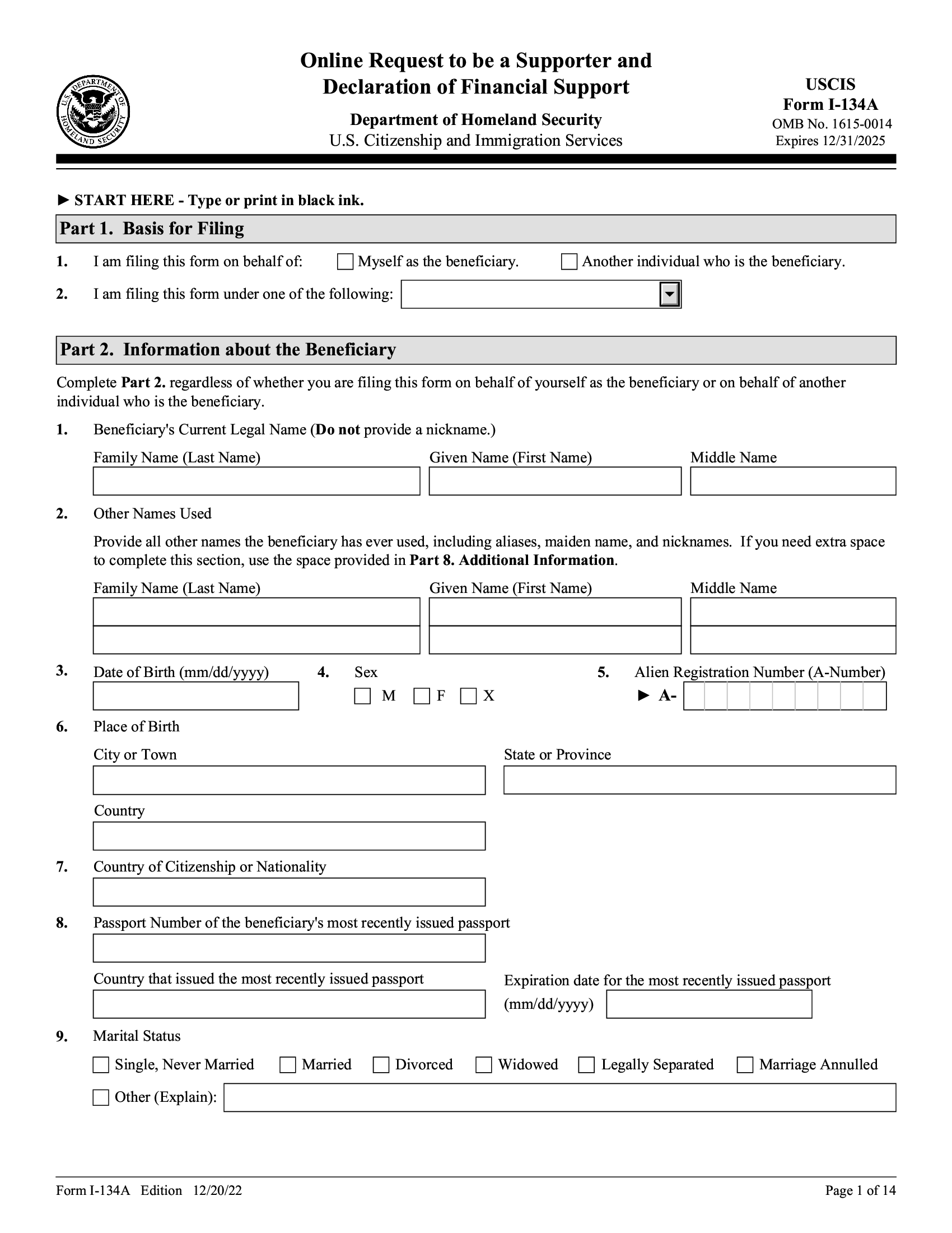 Form I134A. Online Request to be a Supporter and Declaration of