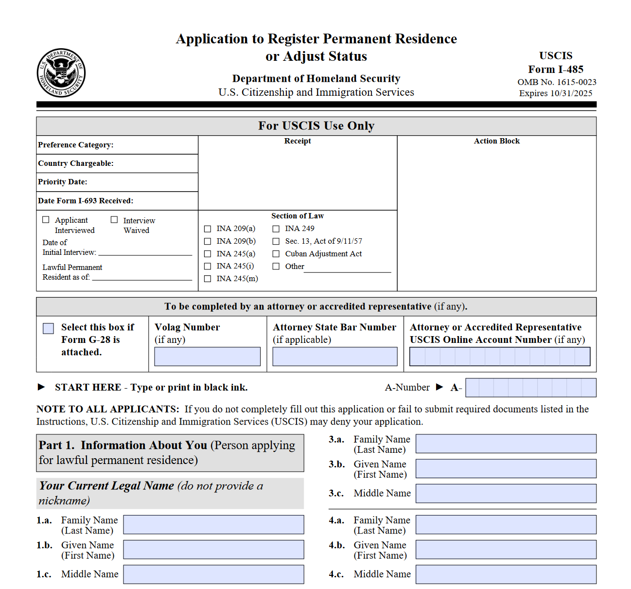 Form I 485 Application To Register Permanent Residence Or Adjust Status Forms Docs 2023 9826