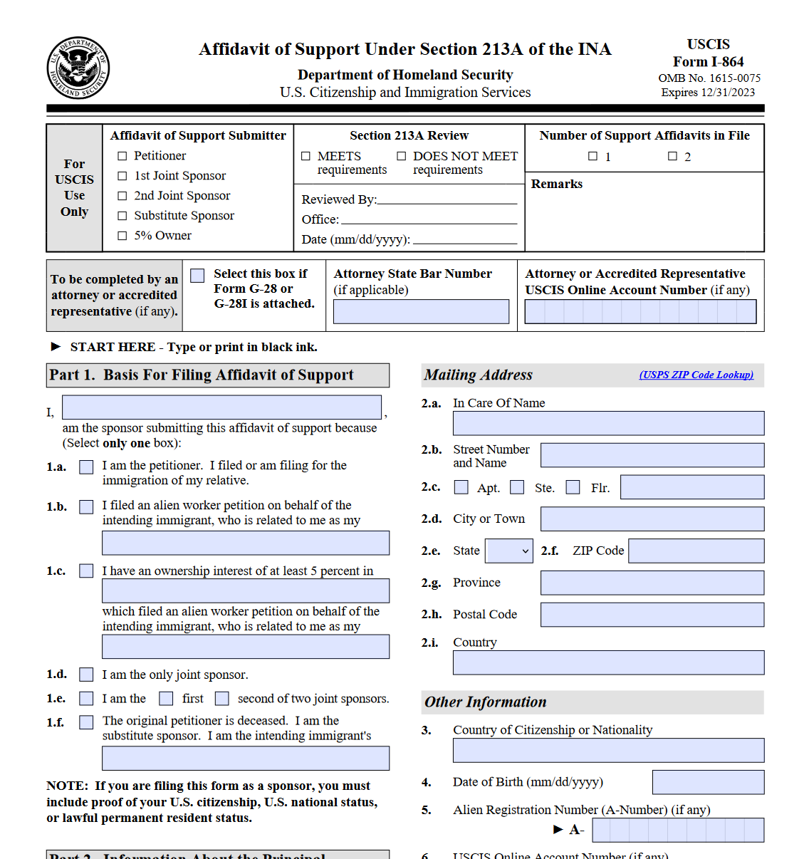 Form I864. Affidavit of Support Under Section 213A of the INA Forms