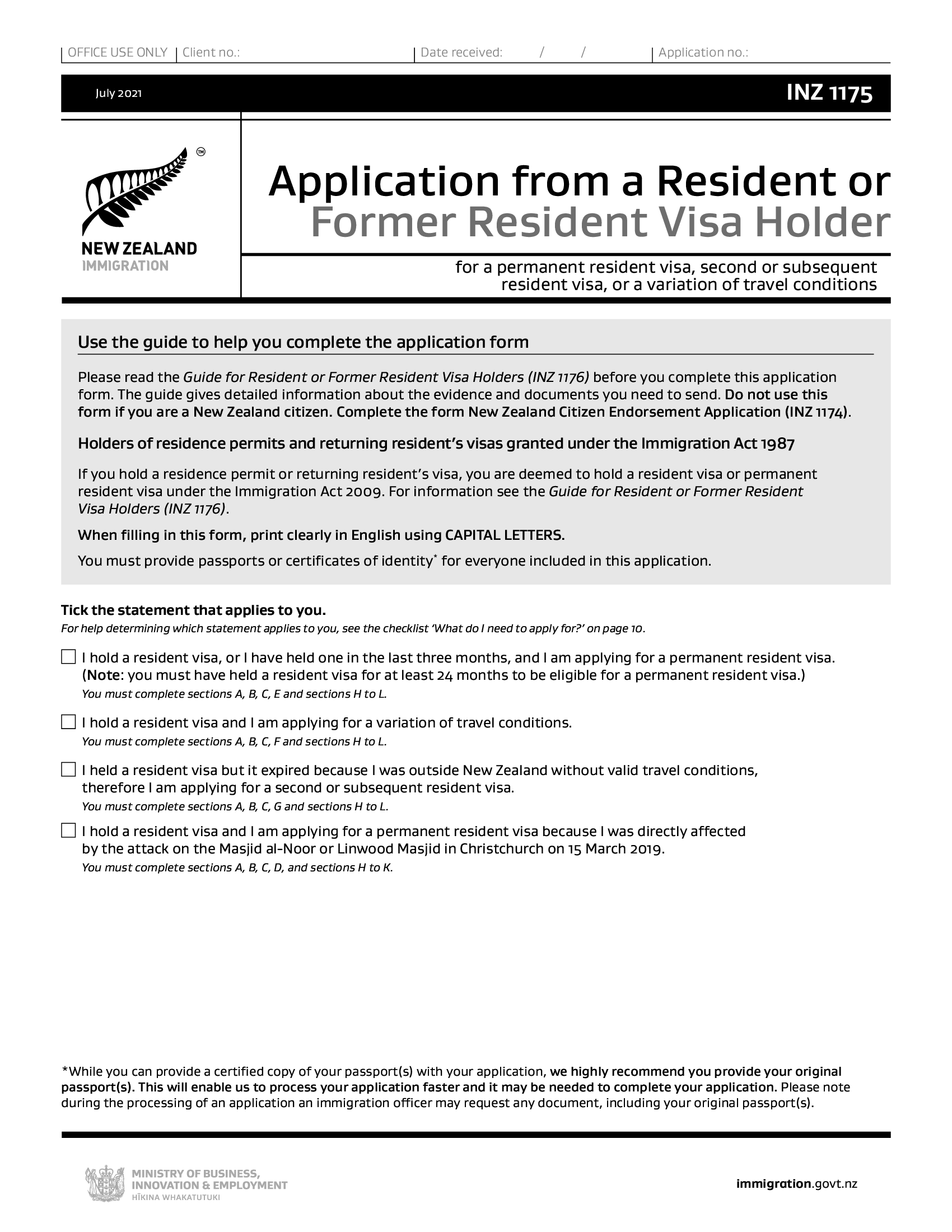 Form INZ 1175 Application From A Resident Or Former Resident Visa Holder Forms Docs 2023