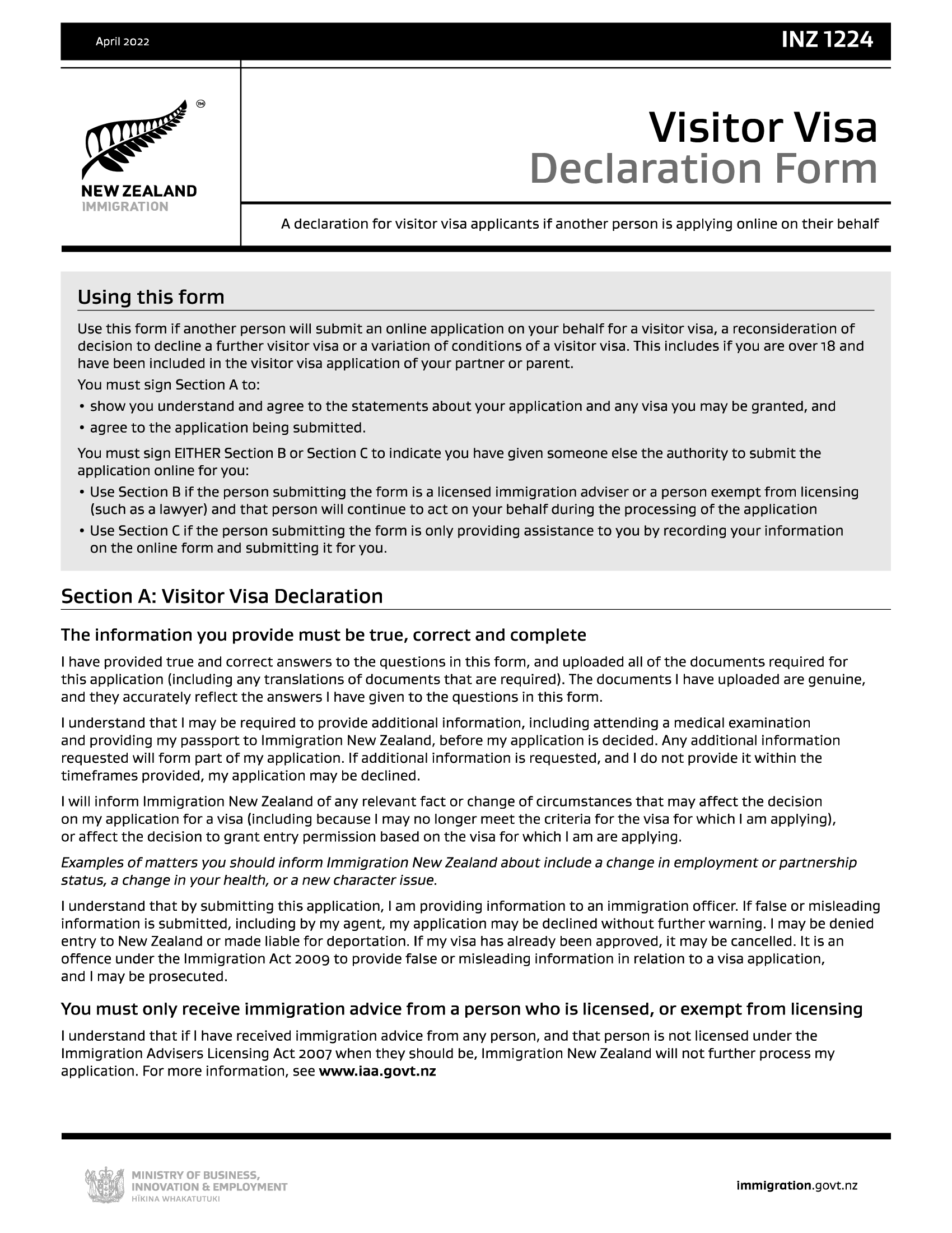INZ 1224. Visitor Visa Declaration Form Forms Docs 2023