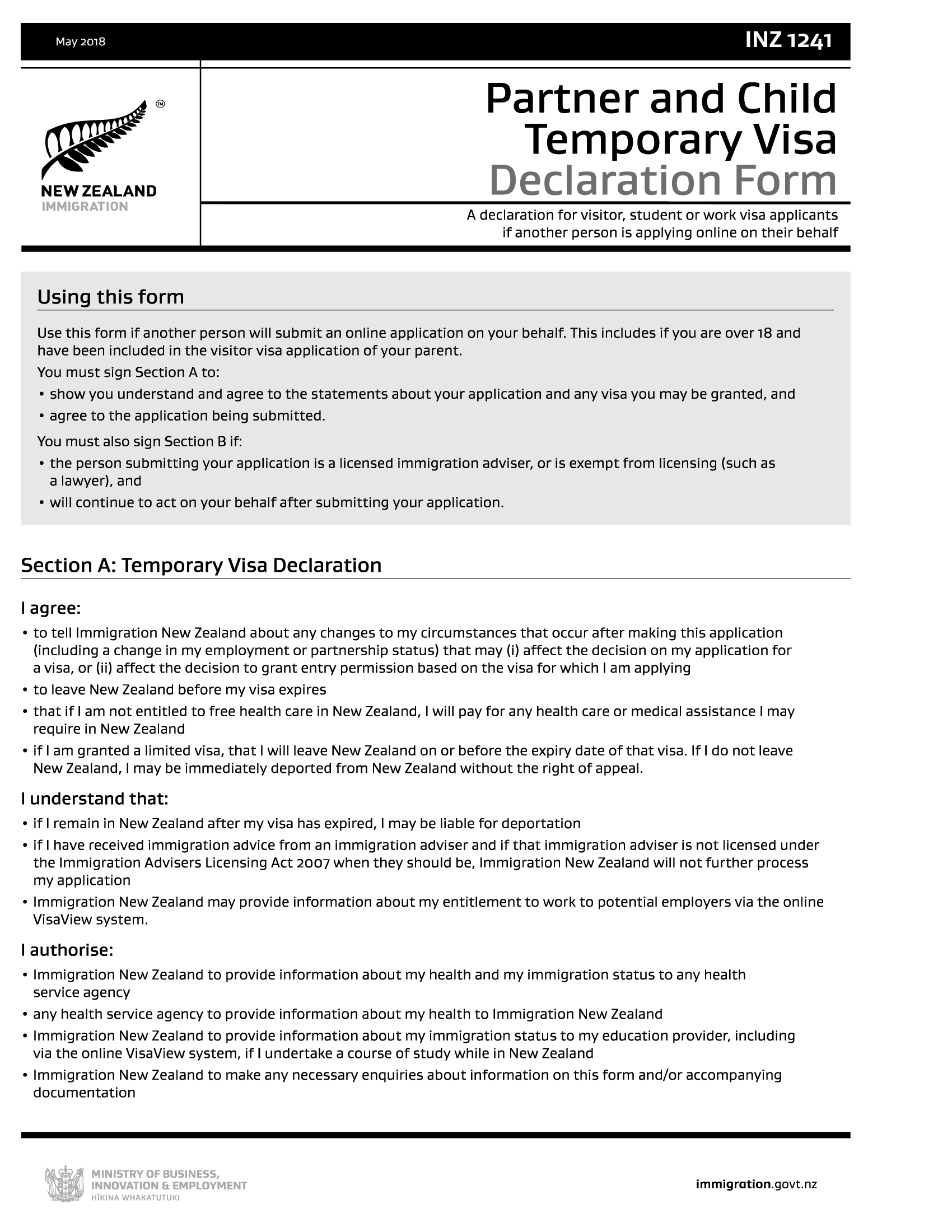 INZ 1241 Partner And Child Temporary Visa Declaration Form Forms Docs 2023